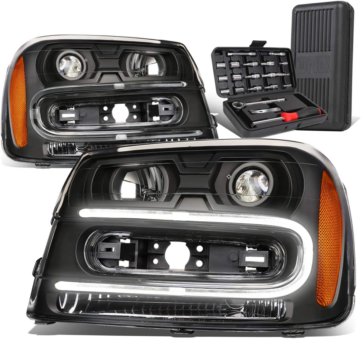 Auto Dynasty LED DRL U-Bar Black Housing Amber Projector Headlight Lamps+Tool Kit Compatible with Chevy Trailblazer 02-09