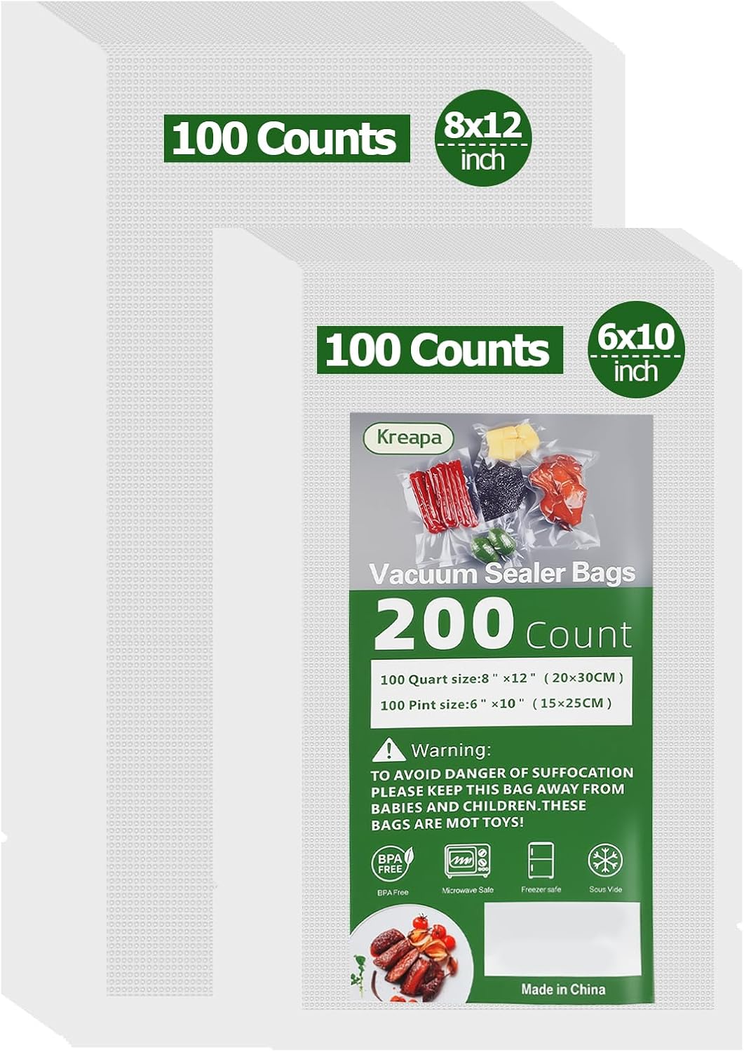 Precut Vacuum Sealer Bags for Food, 200 Pcs Food Saver Vacuum Sealer Bags Include 100 Pcs 8"X12" and 100 Pcs 6"X10" Foods Grade Storage Bag, BPA Free