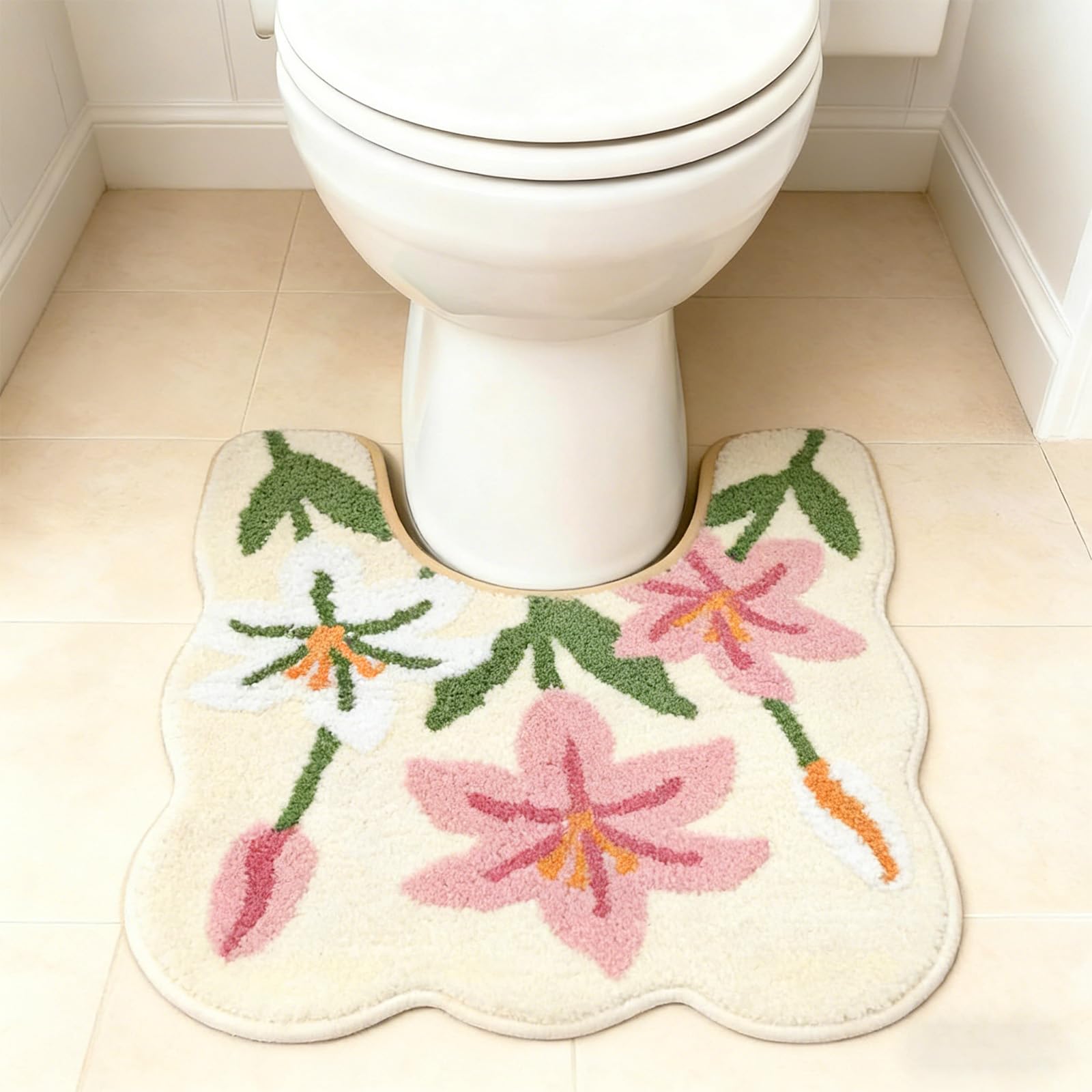 AVEKI Lily Flower U-Shaped Toilet Mat, Romantic Floral Non-Slip Bath Rug with Wave Edge Design, Soft Absorbent Microfiber Floor Mat for Toilet Base, Machine Washable Bathroom Decor(Lily-Toilet) — image 1