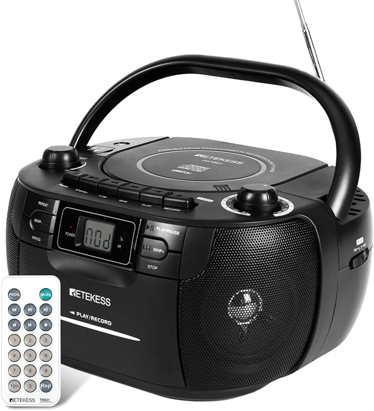 Retekess TR621 CD Player Boombox, Cassette Tape Player AM FM Radio | for Home,Stereo Sound, USB,TF Card Playback,Remote Control, Tape Recording