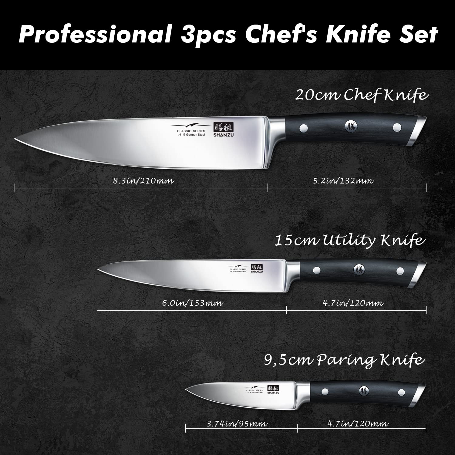 SHAN ZU Juego de 3 Piezas de Cuchillos de Cocina, de Chef de Acero Inoxidable Alemán & Piedra de Afilar Cuchillo de Piedra Afiladores Manuales 1000/6000 Grano