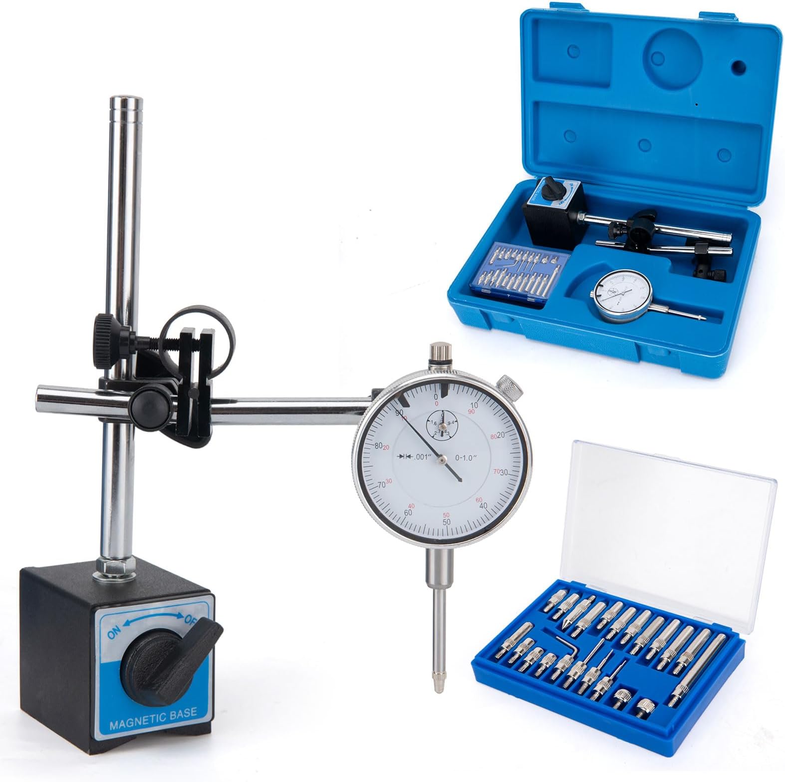 Dial Indicator with Magnetic Base 0-1 Inch Accuracy 0 Inch Magnetic Dial Indicator Kit with Fine Adjustment for Machining, Maintenance, Inspection, DIY, Repair