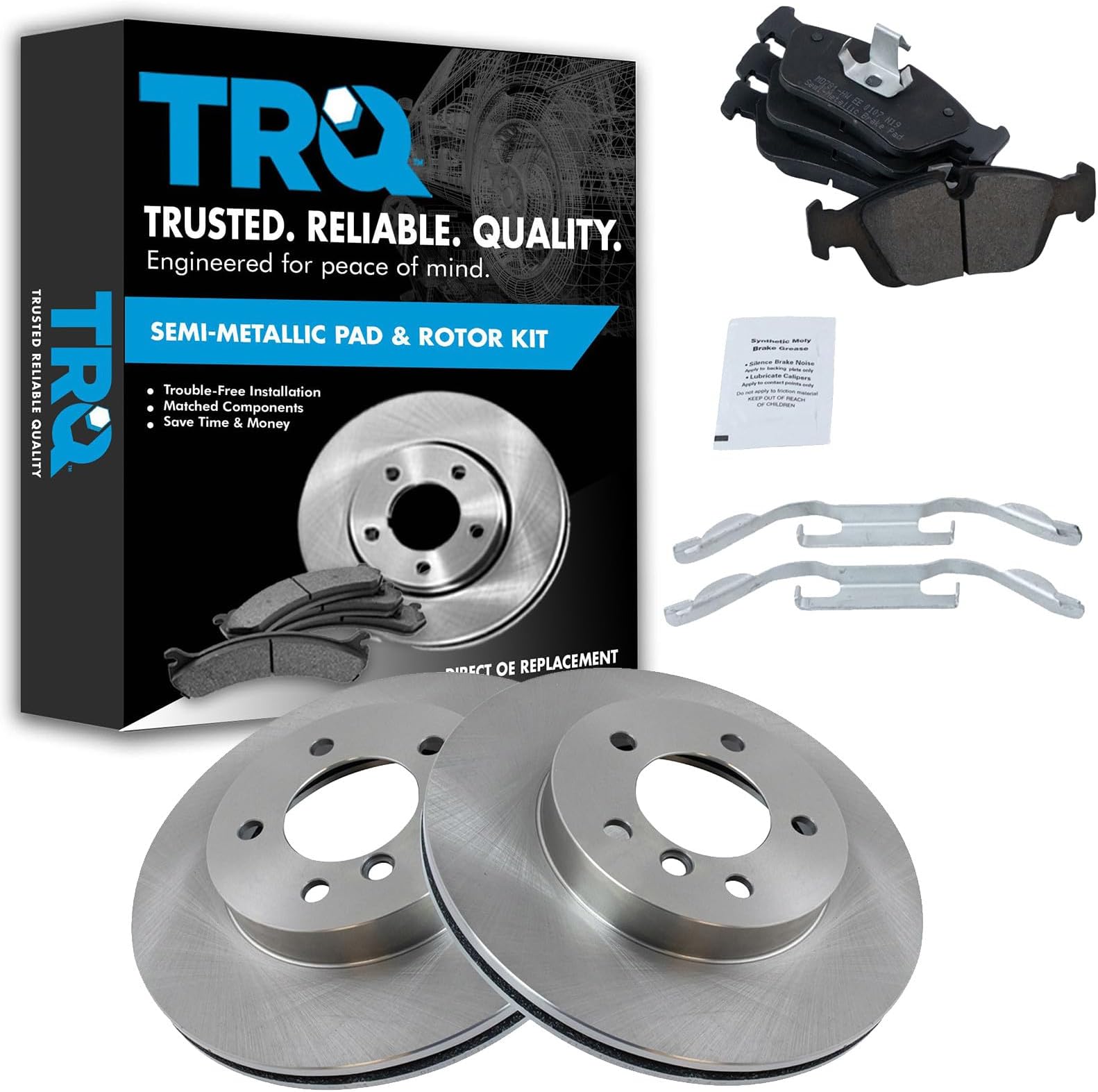 TRQ Front Brake Pad and Rotor Set Semi Metallic Vented Rotors Compatible with 2000 BMW 323Ci 323i 2001-2006 325Ci 2001-2005 325i 325xi 2000 328Ci 1999-2000 328i 2001-2002 Z3 2003-2005 Z4