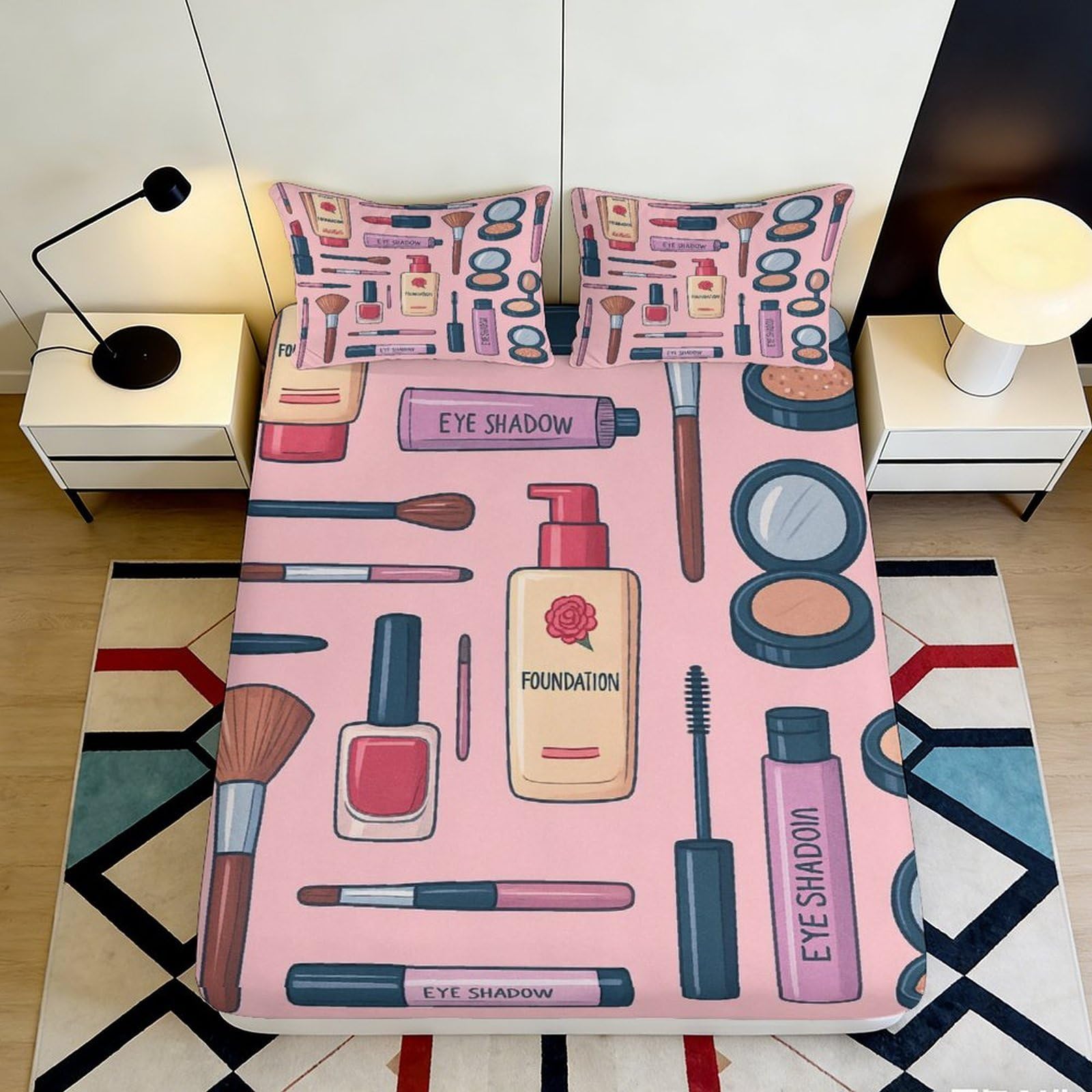 3D Printed Makeup Tools Fitted Sheet Microfiber Pink Cosmetic Pattern Mattress Cover for Bedroom Dorm Mattress Decor 90x200x25cm