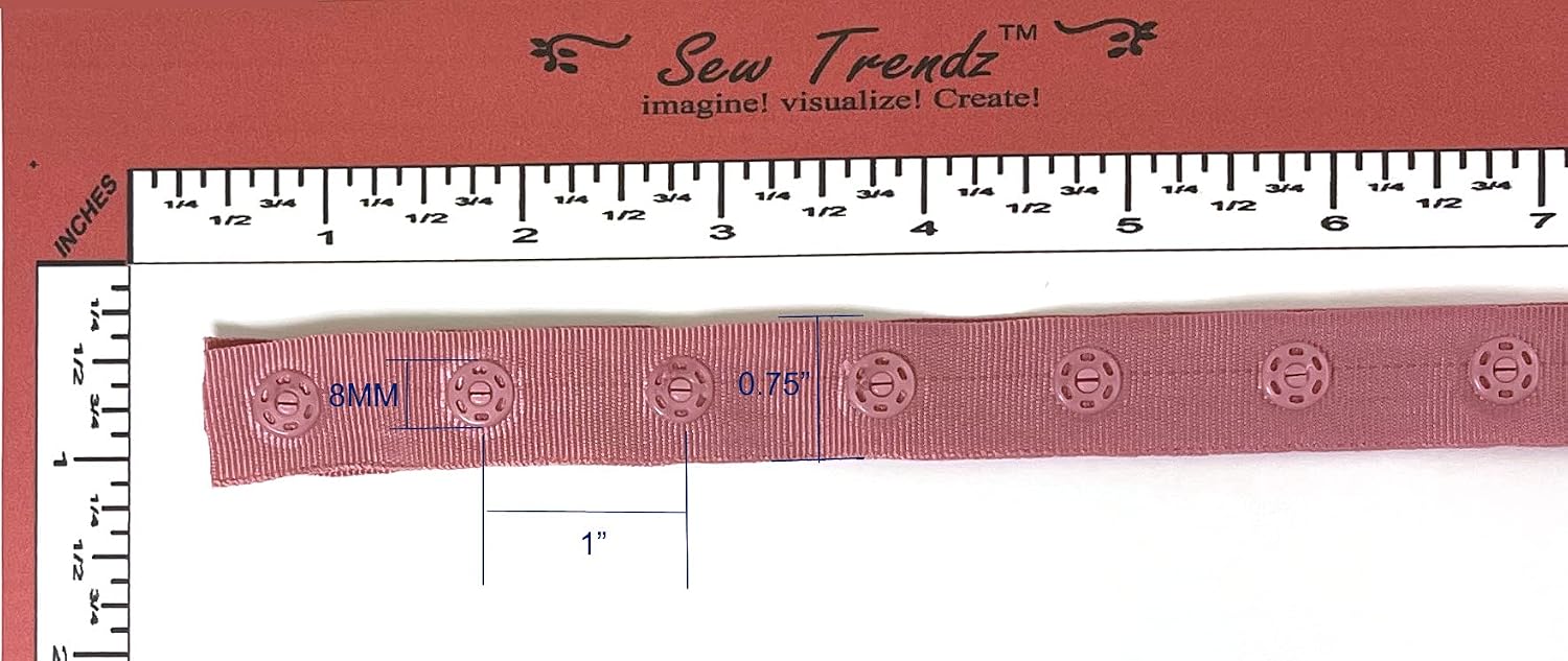 2 Yards Plastic Snap Button Polyester Tape Ribbon Hook & Eye Zipper Popper Press Stud Fastener Baby Crotch Fastening Duvet Sewing Renaissance Dance Costume Drapery Lingerie-Mauve Pink- SP21-2