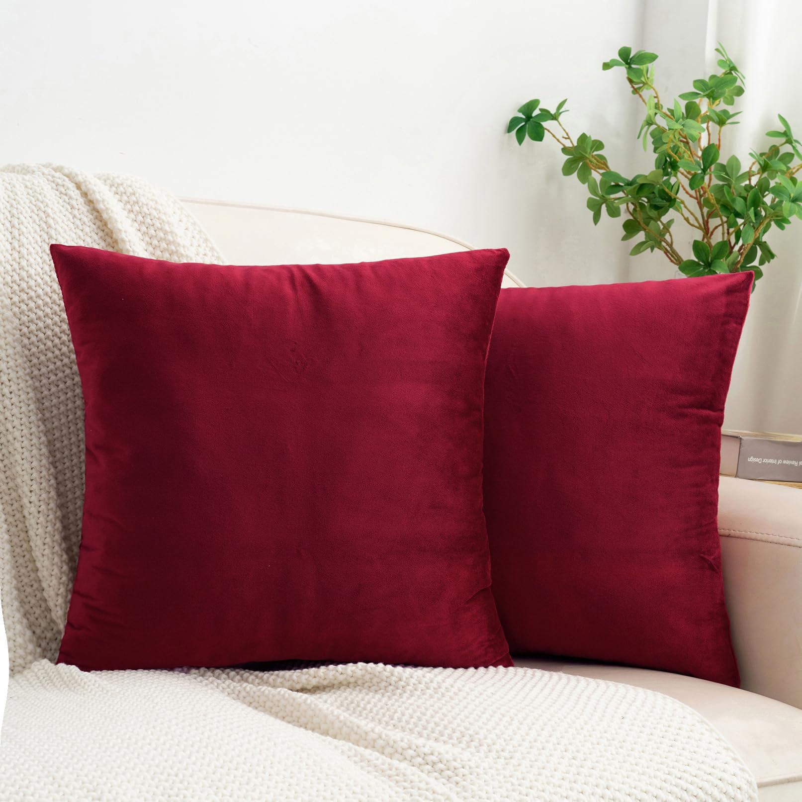 HWY 50 Burgundy Red Velvet Throw Pillow Covers 18x18 Inch, Pack of 2 Soft Cozy Solid Decorative Luxury Cushion Cases for Couch Sofa Bed Living Room Bedroom