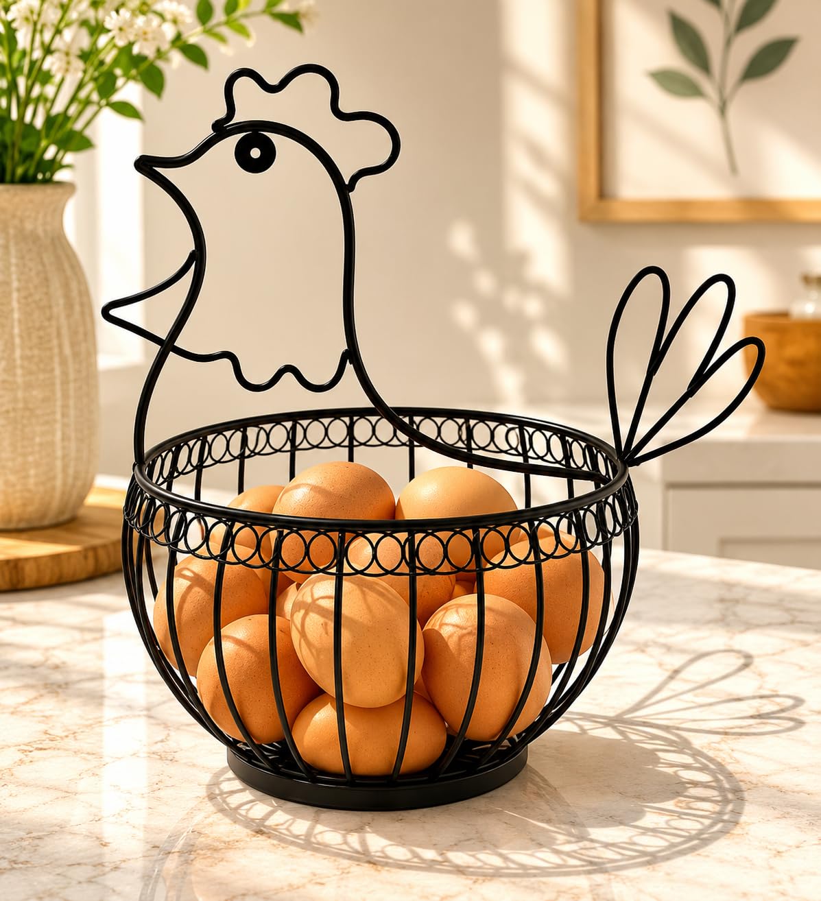 Chicken Shaped Metal Egg Basket for Kitchen Countertop | Decorative Wire Egg Holder | Farmhouse Style Egg Storage Basket | Black Iron Fruit & Egg Organizer-image-36