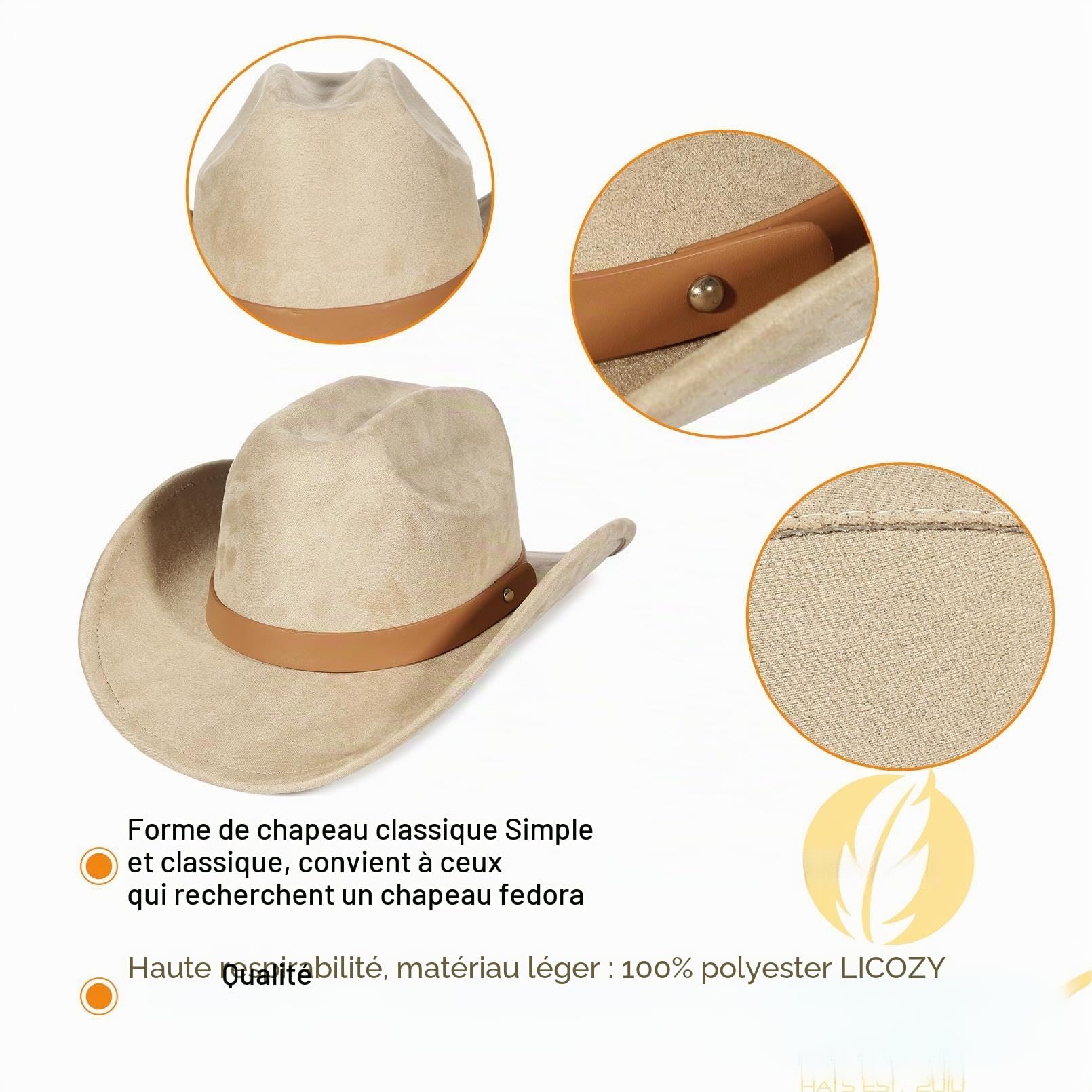 EOZY Chapeau de cowboy en daim style occidental pour homme et femme - Chapeau vintage amovible - Chapeau en daim - Chapeau country musique festival - Protection légère contre la pluie
