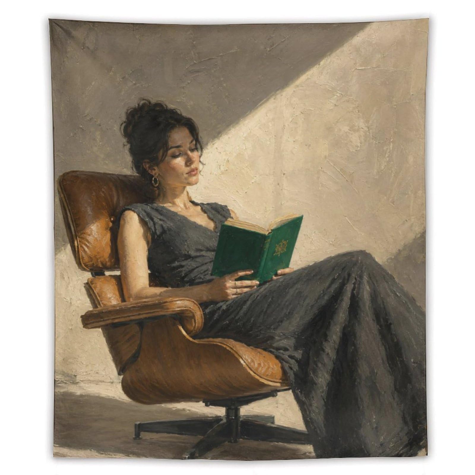 W7C8U2X3 Woman Reading Green Book Wall Tapestry, Oil Painting, Entryway