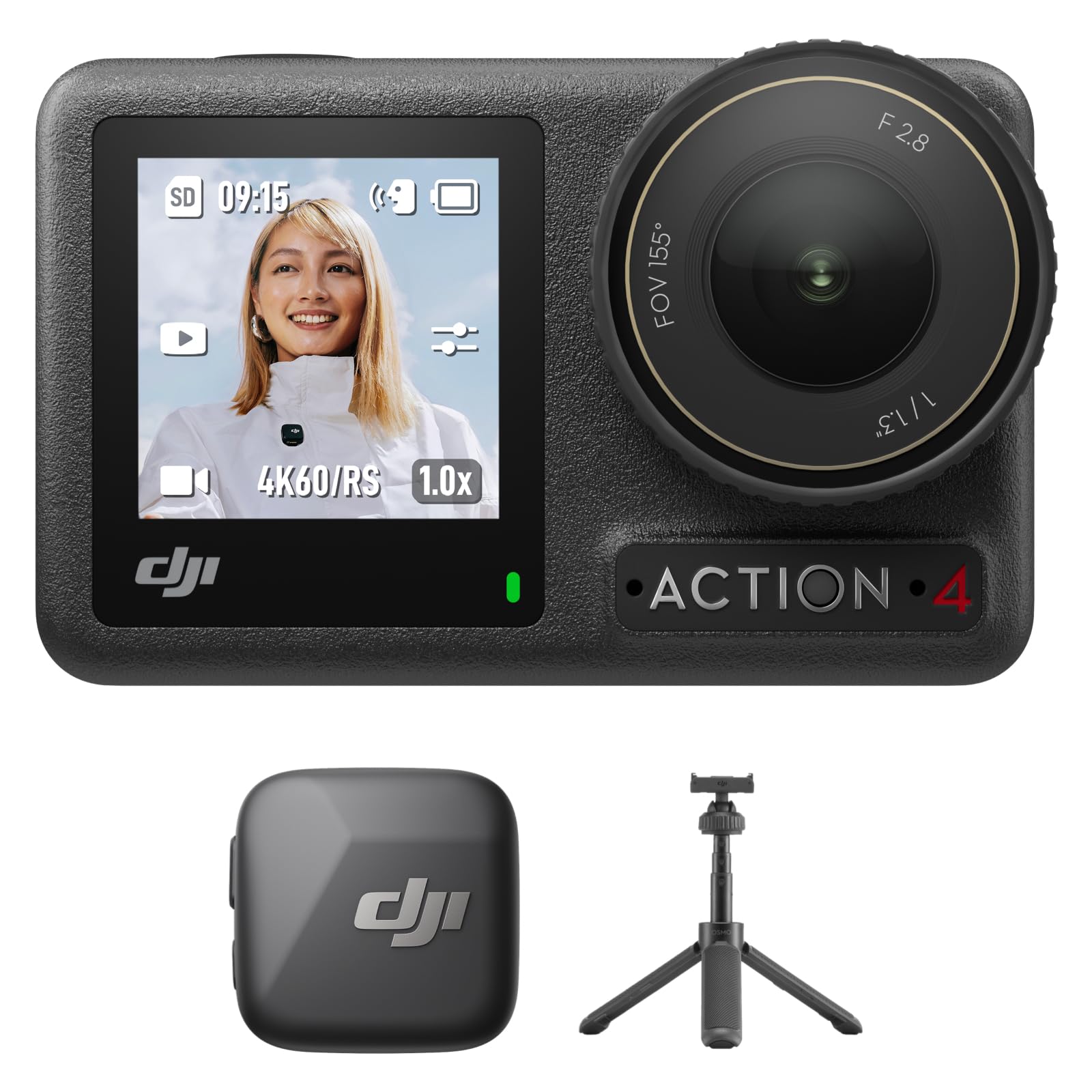 DJI Pack Estándar Osmo Action 4 + Mic Mini Transmisor (Infinity Black) + Minibrazo Extensible Osmo Action, Cámara de acción sumergible 4K/120 fps, color D-Log M de 10 bits, batería duradera de 1770 mA