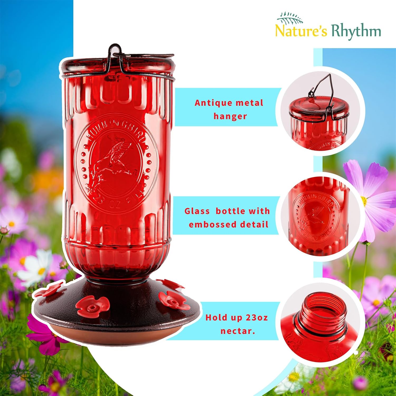 Nature's Rhythm Bird Feeder Vintage Red Antique Glass Bottle Hummingbird Feeder 5 Feeding Ports and 23-Ounce Nectar Capacity Per Feeder - Image 3