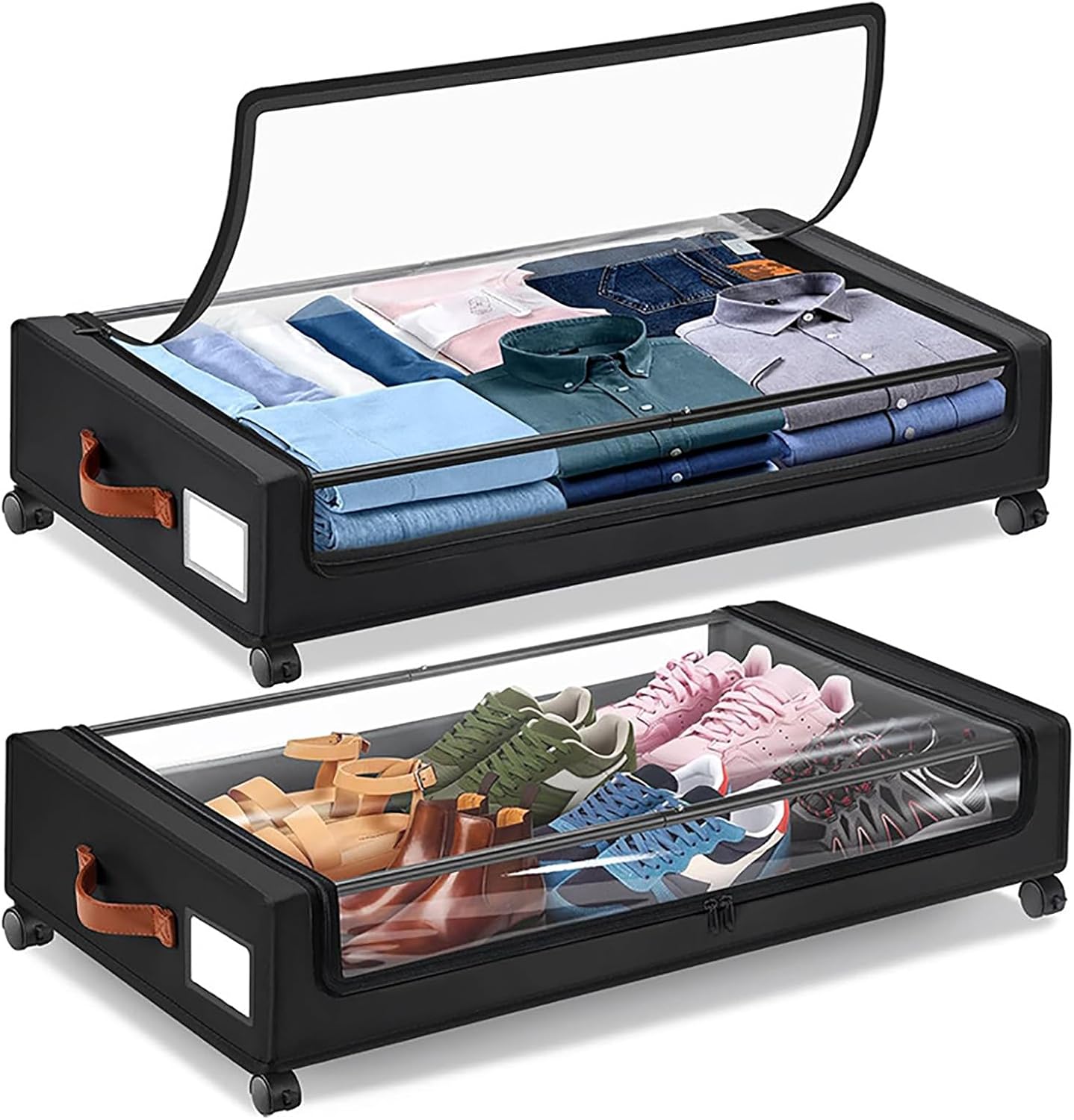 2 Pack Under Bed Storage with Wheels, Rolling Underbed Storage Containers with Lids, Under Bed Shoe Storage Bins Organizer for Clothes, Shoes, Blankets,Black