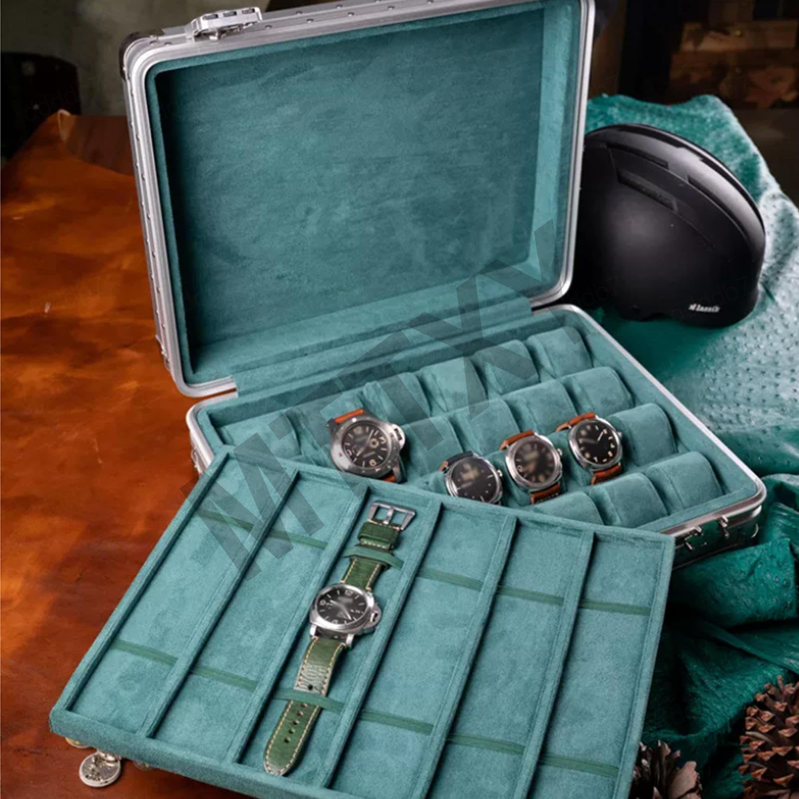 Uhrenbox 24+6, Aluminium Tragekoffer für Reise und Ausstellung,Green | Uhrenorganizer mit herausnehmbaren Tabletts, weichem Innenfutter und Fächern für Bänder und Zubehör,Green