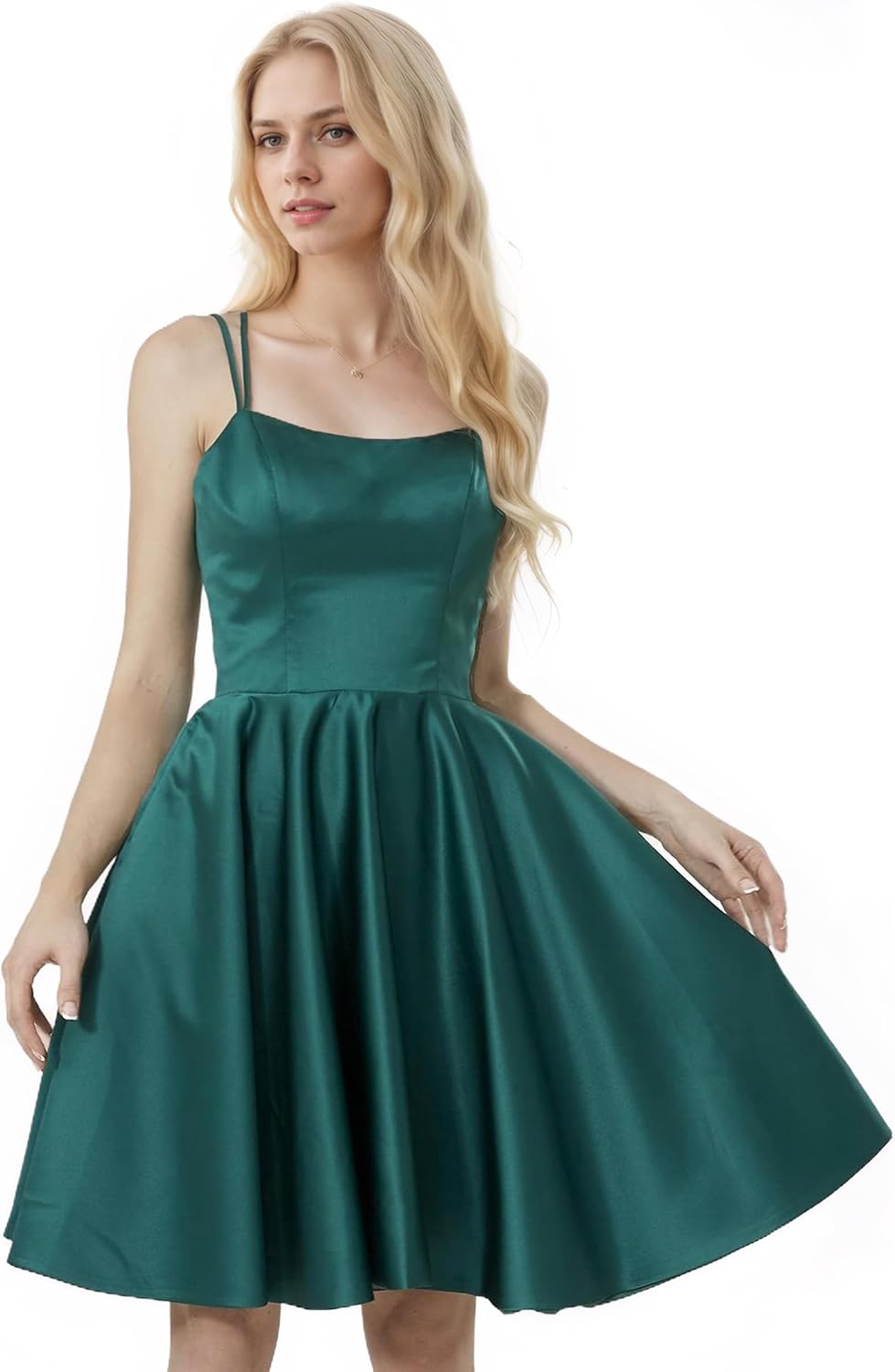 Short Homecoming Dress Satin with Pockets Spaghetti Strap Mini Built-in Bra Cocktail Dresses