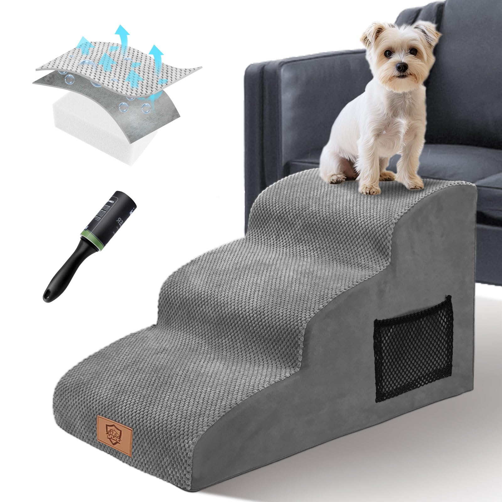 Masthome Escaleras para Perros de 3 Peldaños, Rampa para Mascotas de Espuma Alta Densidad con Cubierta Extraíble, Escalera Antideslizante para Cachorros, Gatos y Animales Mayores, 1 Rodillo Pegamento