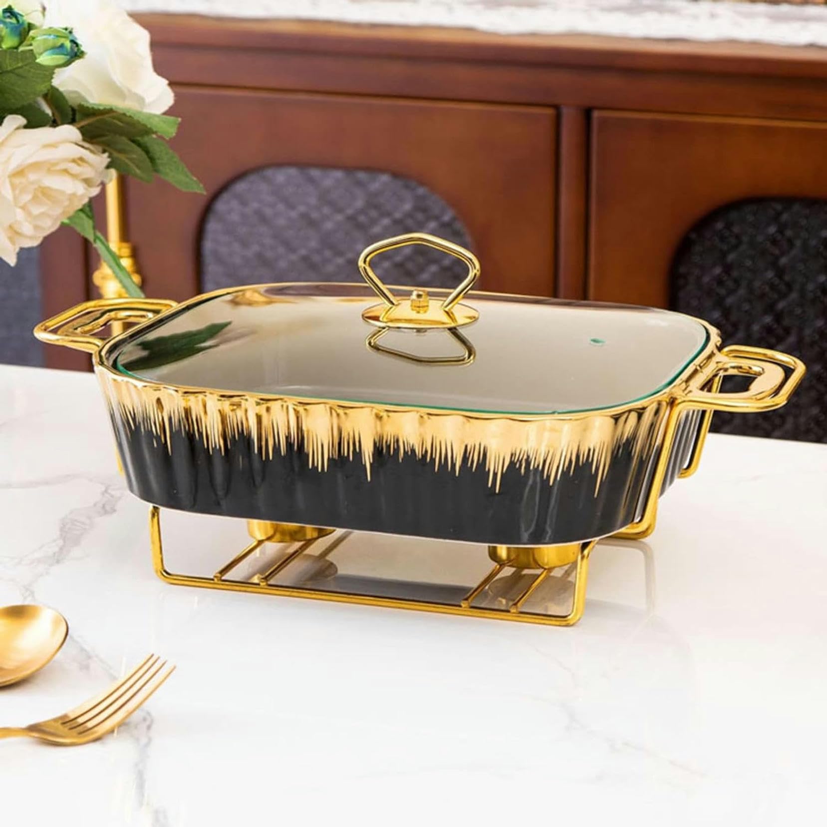 Scaldavivande In Ceramica, Rettangolare Sotto Smalto Di Dimensioni Standard E Scaldavivande Per Buffet Con Coperchio In Vetro, Vassoio Scaldavivande Per Matrimoni, Feste E Banchetti, Bianco 1,5 L, Ne