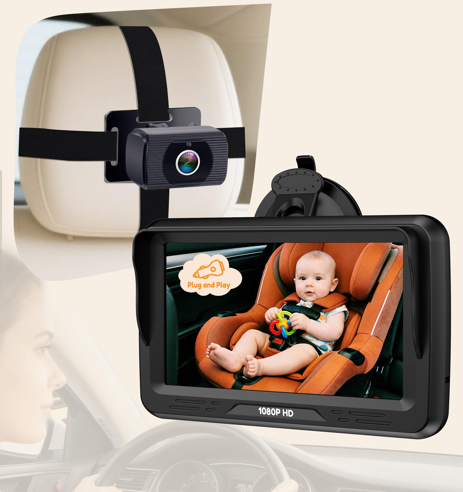 Rohent Baby Car Camera HD 1080P - Rear-Facing Infant Monitor with Night Vision Car Camera for Baby 150° Wide-Angle Lens Anti-Glare Screen Easy Install 360° Adjustable Display
