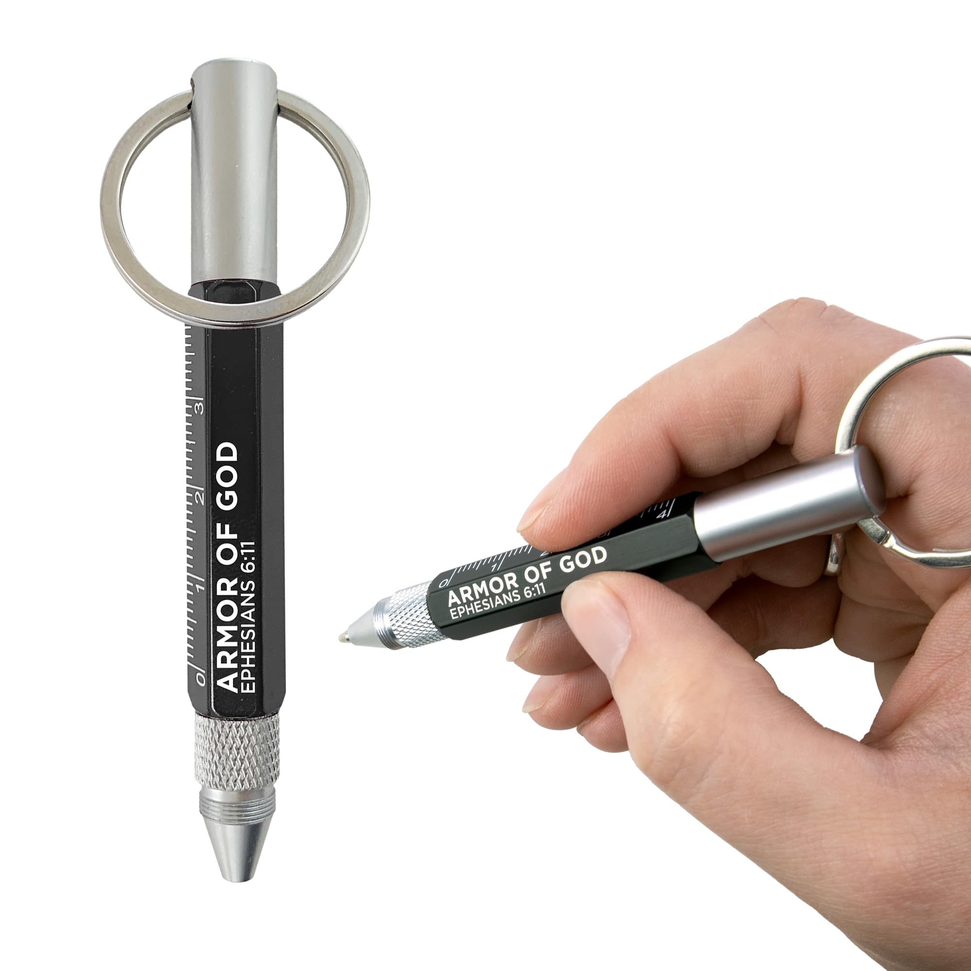 5-in-1 Mini Multitool Pen - Armor of God, Eph 6:11 Scripture - Dual Sided Mini Tool Keychain w/Ball Point Pen, Cm Ruler, Screwdriver Bits & More -
