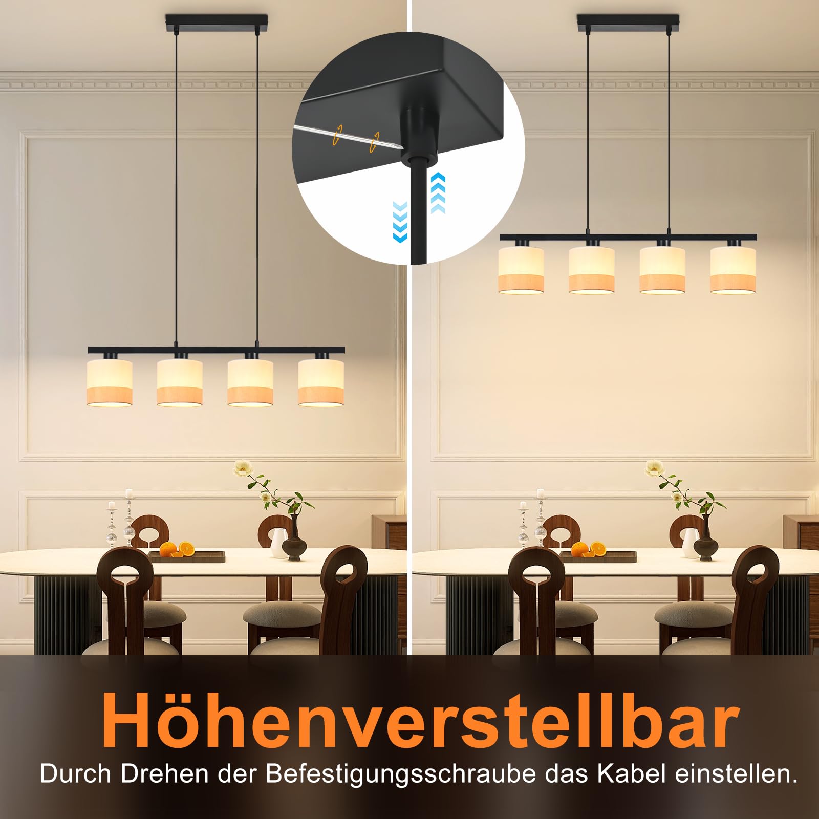 CBJKTX Hängelampe Esstisch 4‑flammig Stoff E27 höhenverstellbar für | Esszimmer, Schlafzimmer und Wohnzimmer (ohne Leuchtmittel)