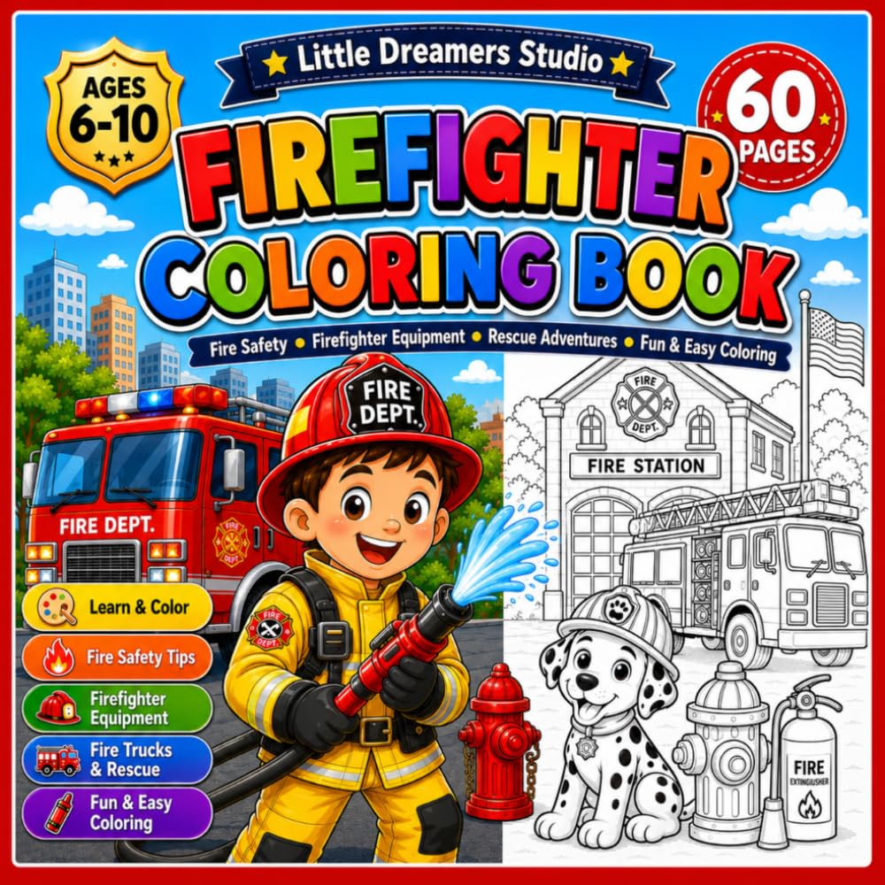 Firefighter Coloring Book for Kids Ages 6-10: 60 Coloring Pages Featuring Fire Safety, Fire Trucks, Rescue Adventures and Firefighter Equipment
