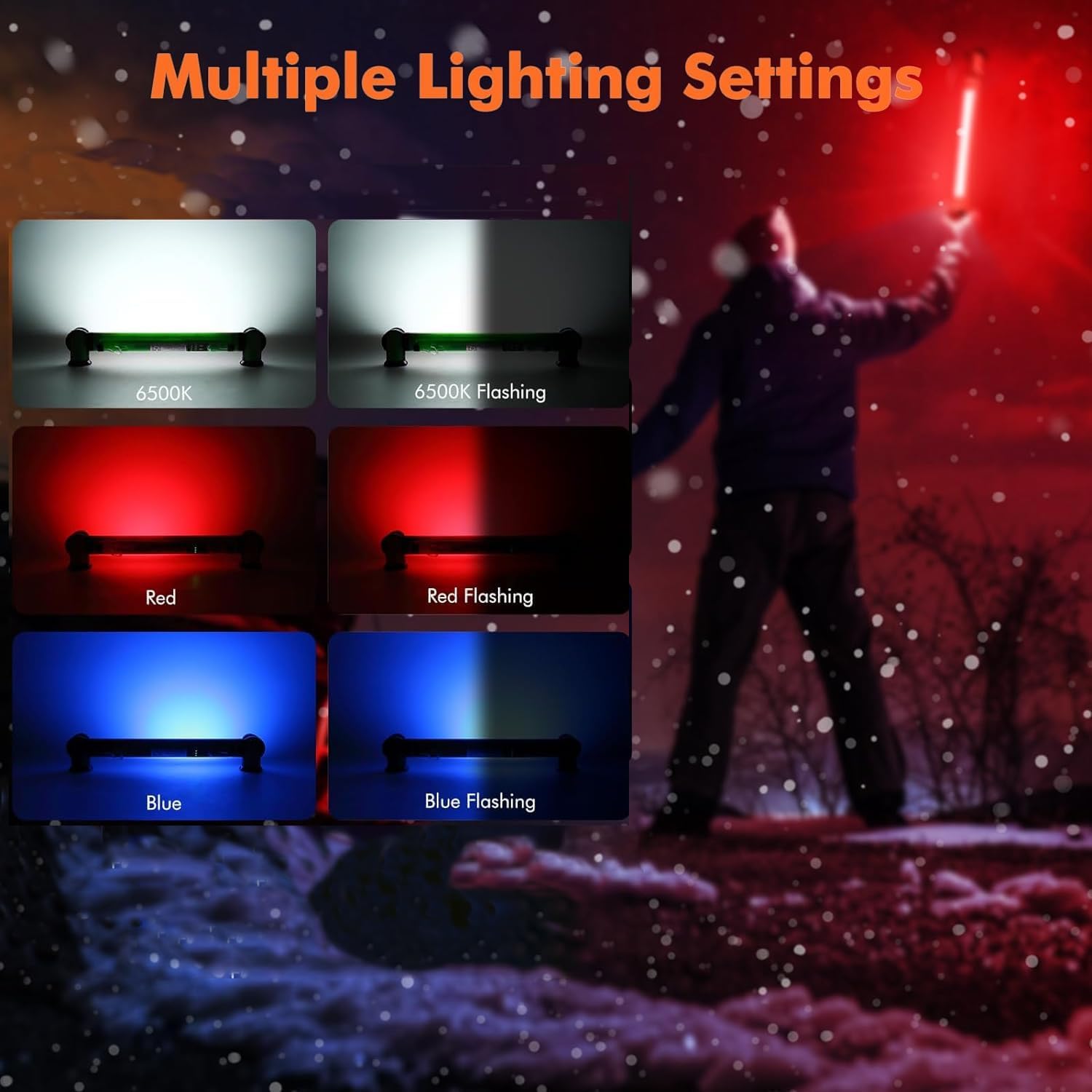 MEIKEE work light showing various lighting modes: 6500K, 6500K Flashing, Red, Red Flashing, Blue, Blue Flashing.