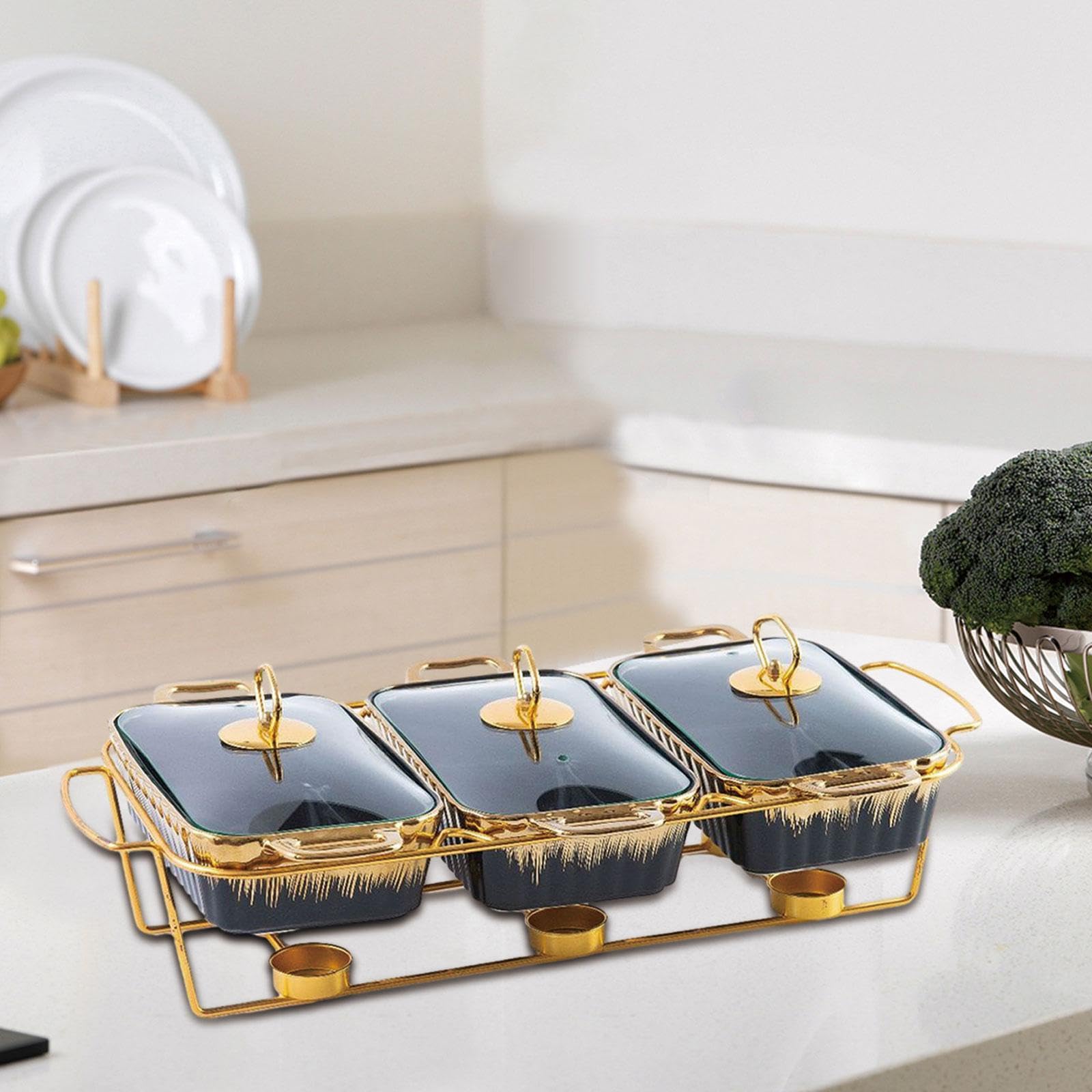 Calentador de Alimentos Rectangular para Buffet, Fuente de Cerámica para Buffet, Juego de Calentador para Y Bodas, Rayado Negro, Individual