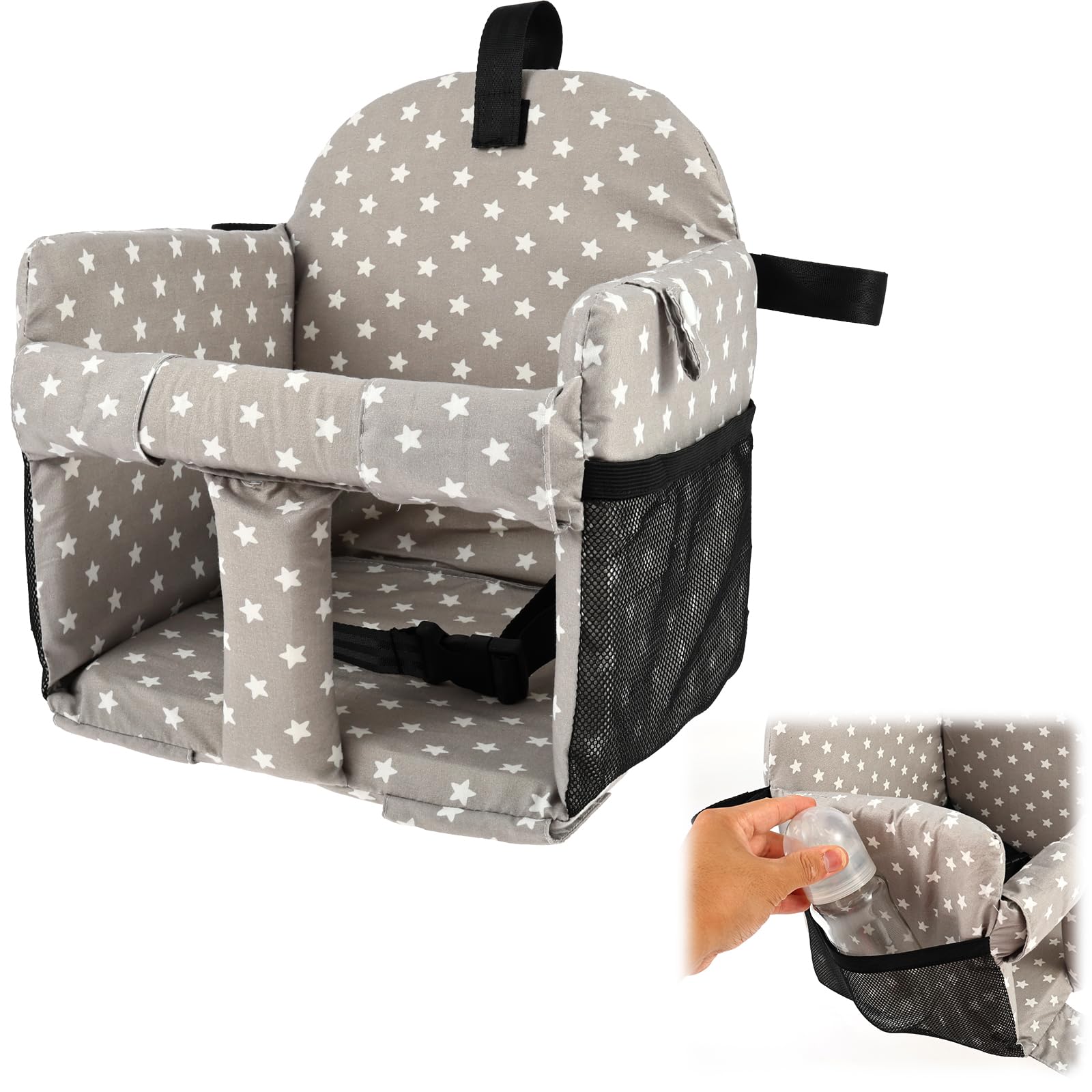 2 in 1 Shopping Cart Cover for Baby High Chair Seat Cover, Padded Foldable Machine Washable Dinosaur Toddler Seat Cushion with Storage Pockets for 1-4 Years Girl Boy(Gray Star)