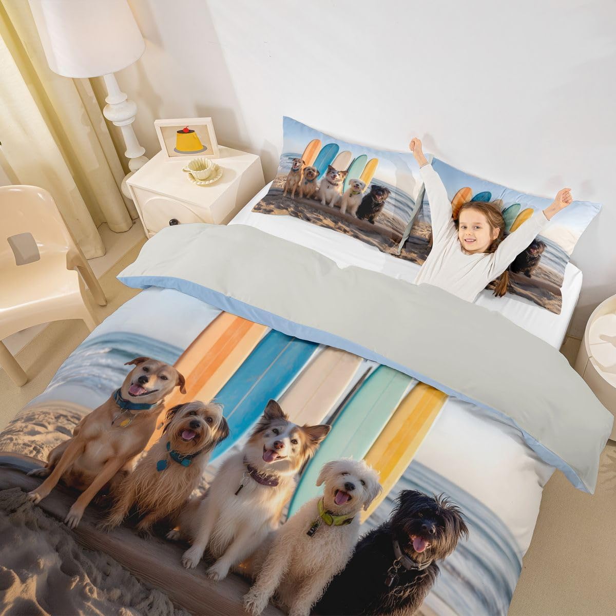 Erosebridal Kawaii Beach Dog Bedding Set Full Coastal Colorful Surfboard Duvet Cover Surf Pet Lovers Room Decor Comforter Cover,Summer Beach Sports Bed Set