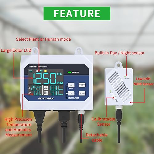 Miniatura 2 de Controlador de CO2 con pantalla de temperatura y humedad día y noche con función de relé, cable de sensor NDIR de 15 pies, controlador de CO2 para