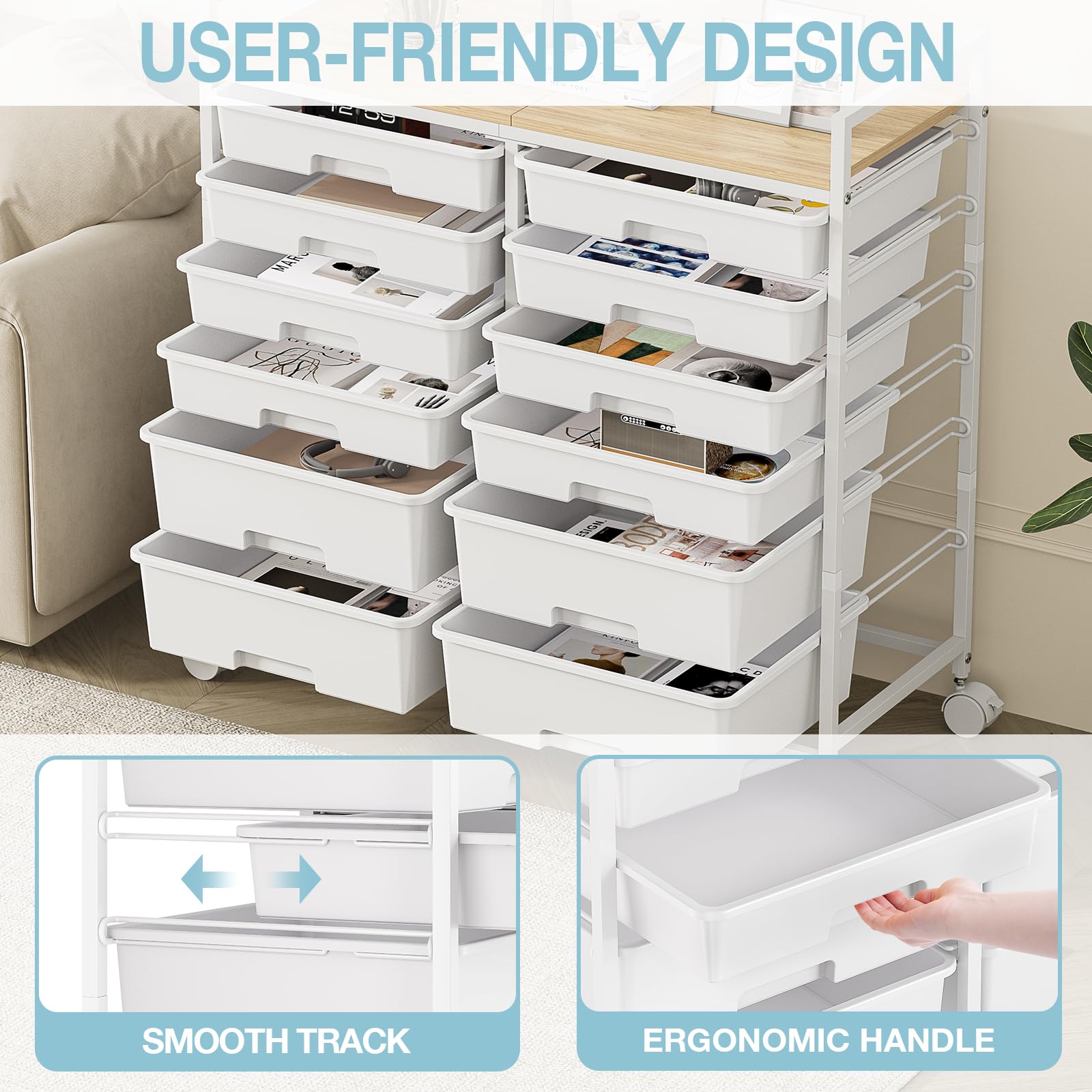 Carrello da bagno con 12 cassetti, in plastica, versatile, carrello per attrezzi, con piano di lavoro simile al legno, per bagno, cucina, soggiorno, ufficio, bianco