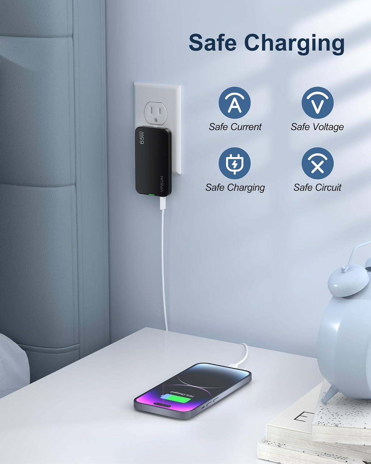 65W GaN USB C Wall Charger Block,3 Port Ultra Thin Flat USB-C Charging Plug,Foldable USB Power Adapter for MacBook,iPhone 15/16,Samsung (Black)
