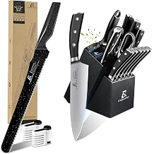 15 Pieces Kitchen Knife Set with Block, Black+Bread Knife for Homemade Bread, Black