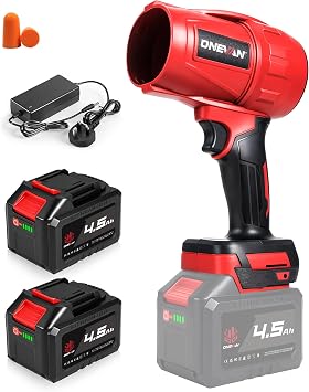 ONEVAN Cordless Leaf Blower, 1.5kg Blowing Force, 30mins Battery Life | COMPACT SIZE BIG POWER, 2x 4.5Ah Batteries, Turbo Blower for Wet Leaves and Snow, Brushless, 600km/h, Car Drying Air Blower