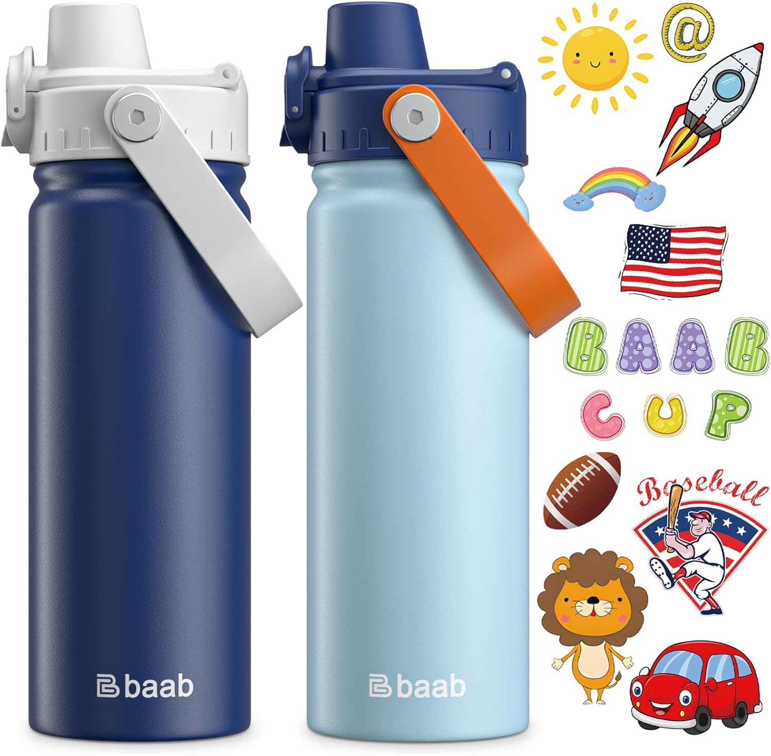 baab 18oz Kids Water Bottle, Insulated Kids Water Bottle with Lockable Spout Lid & Stickers, 18/8 Stainless Steel Vacuum Leakproof Kid Water Cup with Handle for School (Navy Blue+Grey, 2 Pack)