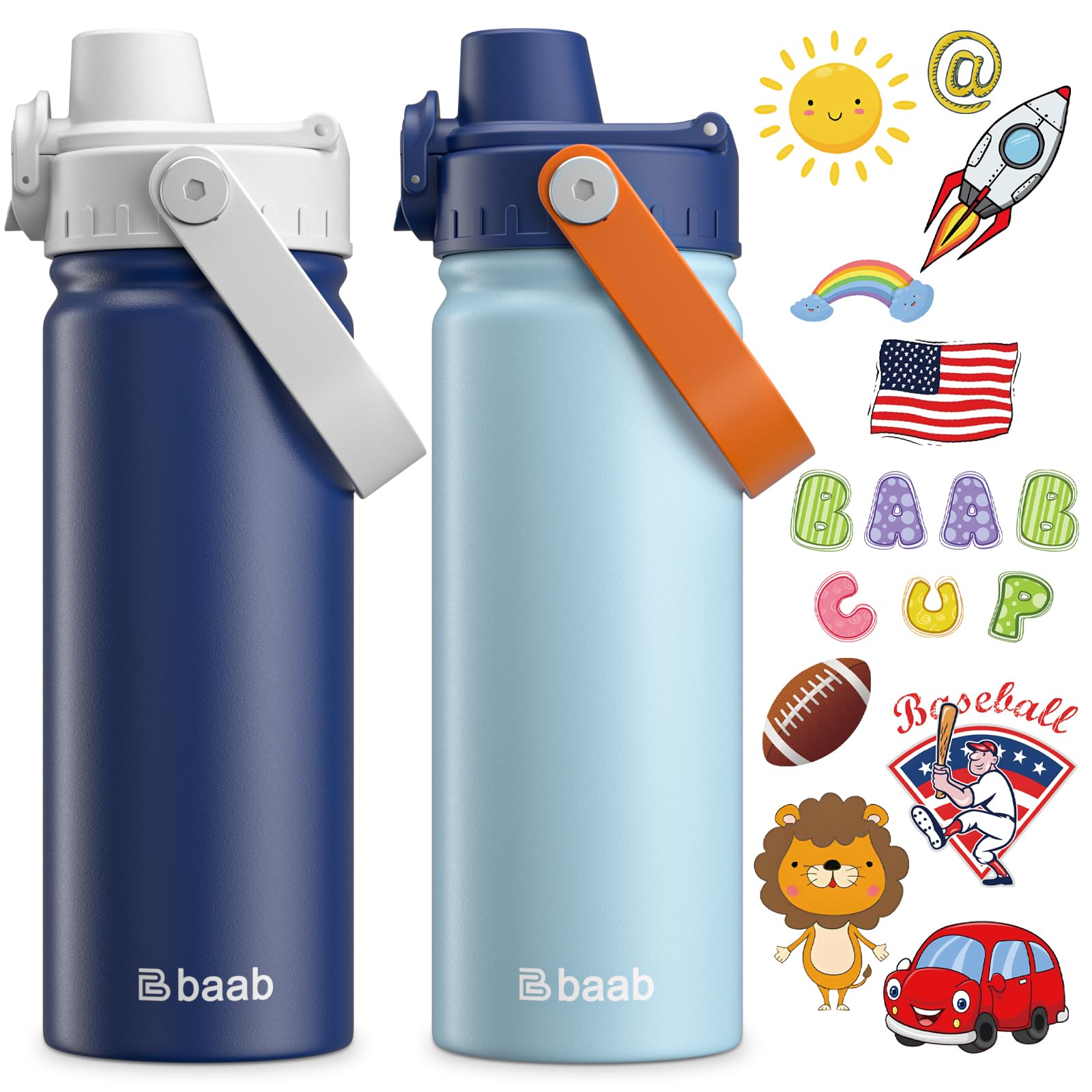 baab 18oz Kids Water Bottle Insulated Kids Water Bottle with Lockable Spout Lid Stickers 18 8 Stainless Steel