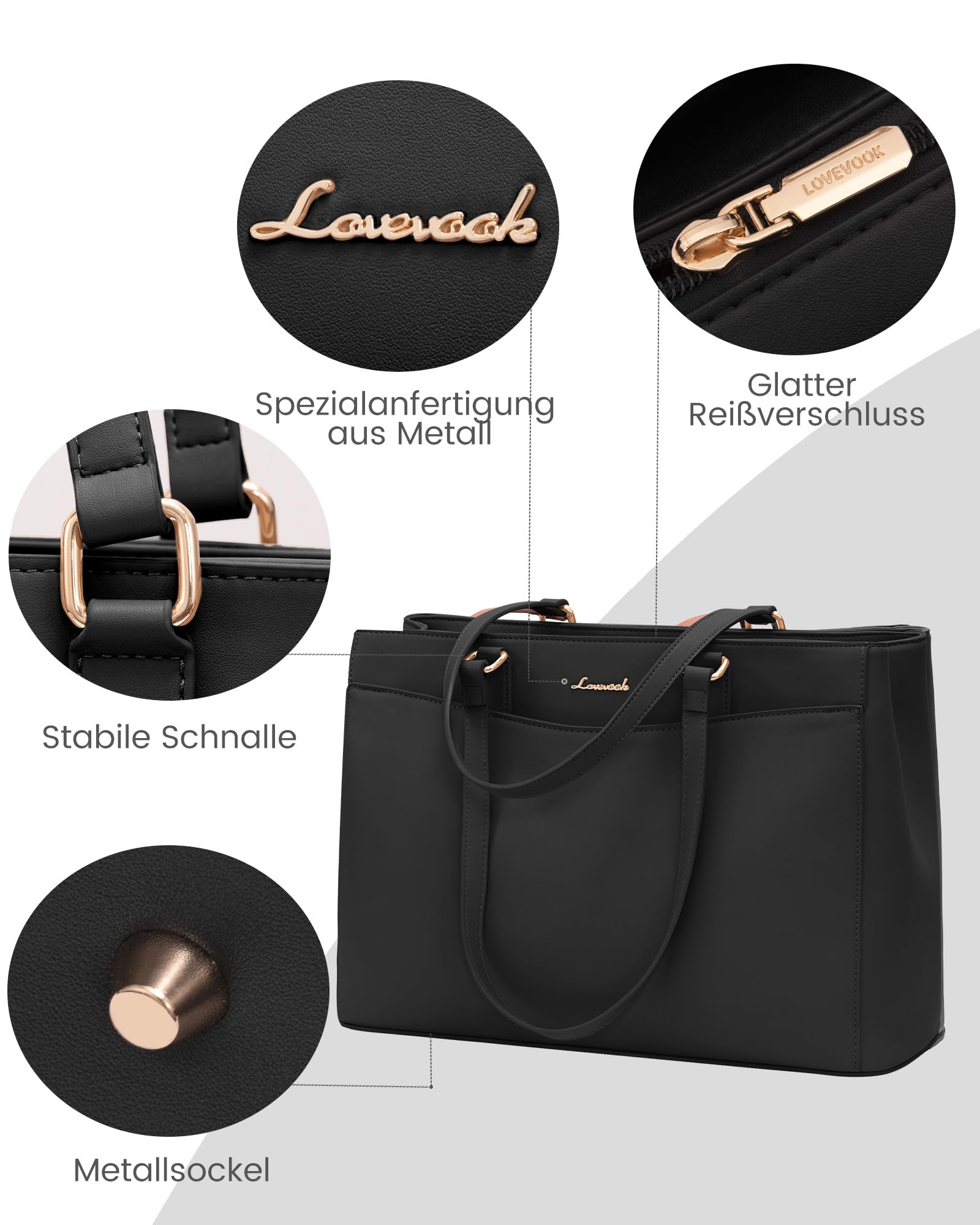 LOVEVOOK Laptoptasche Damen 15,6 Zoll, Leicht Aktentasche Arbeitstasche Handtasche Groß, Elegant Laptop Bag Business Shopper Tasche Lehrertasche Schultertasche Women für Uni Schule Büro, Schwarz