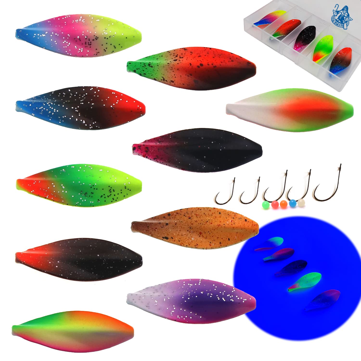 Juego completo de cebos para truchas con 5 ganchos y 5 perlas en caja de 4 g, UV activo, intermitente continuo, cebo para truchas, en línea (4 g, 10 unidades)