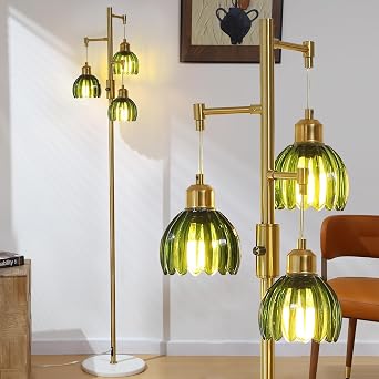 Dimmable Gold Floor Lamp,3-Light Vintage Retro Tree Floor Lamp,Farmhouse Standing Lamp with 3 Elegant Glass Green Flower lampshades for Living Room Bedroom Brass Gold
