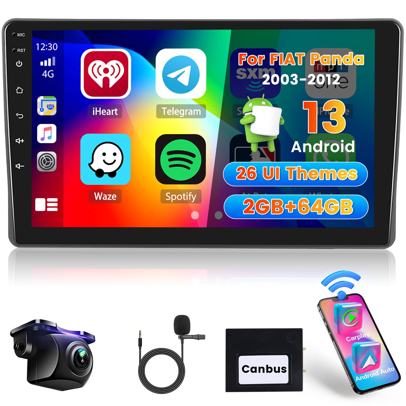 Autoradio Android 13 Pour Fiat 500 (2007-2015) - 7" Écran IPS, CarPlay/Android Auto Sans Fil, GPS, 4Go RAM + 64Go, Caméra De Recul