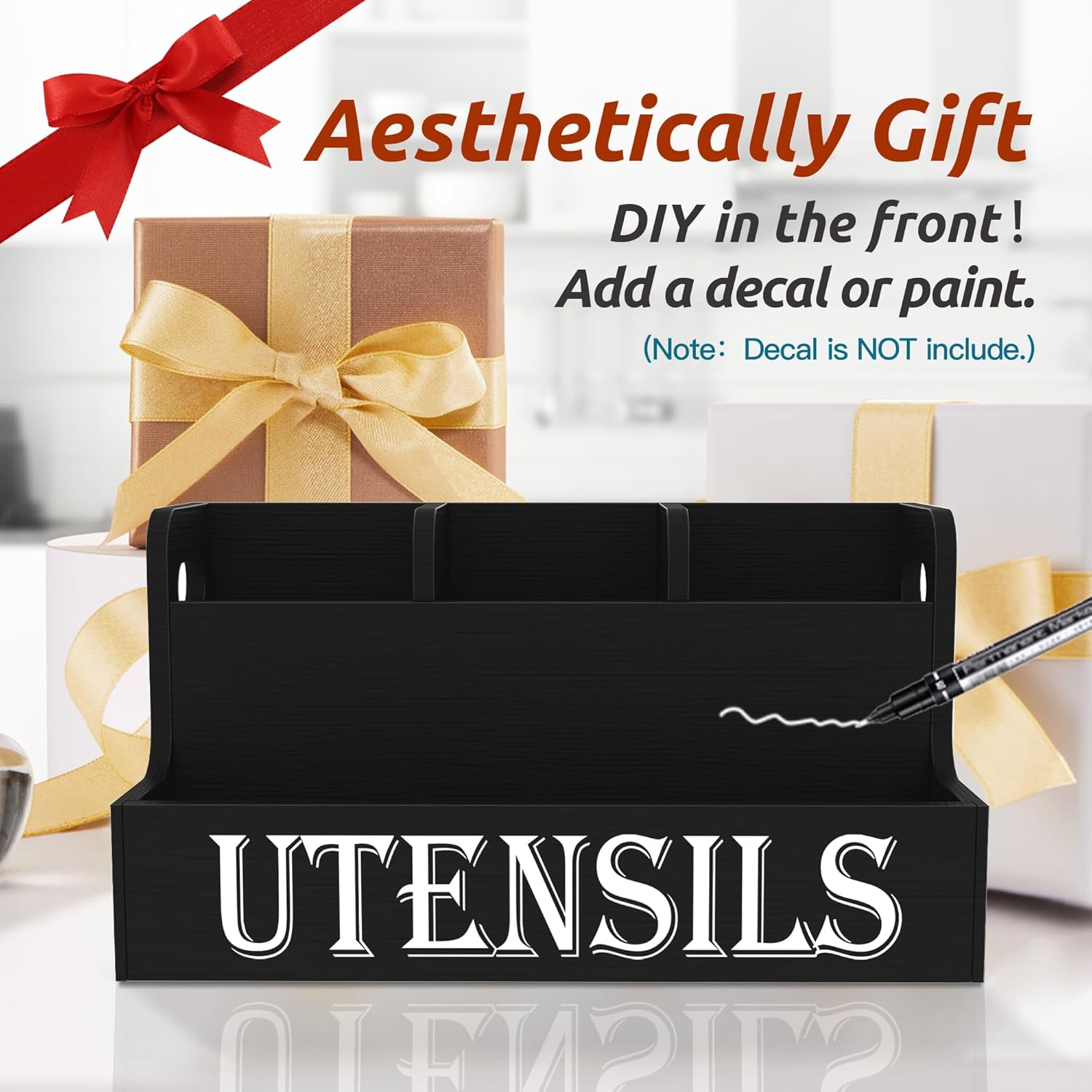 Suli Kitchen Utensils Holder, Wooden Utensil Organizer for Kitchen Countertop, Farmhouse Utensil Storage, Rustic Cooking Utensils ,4 Compartments,- Black