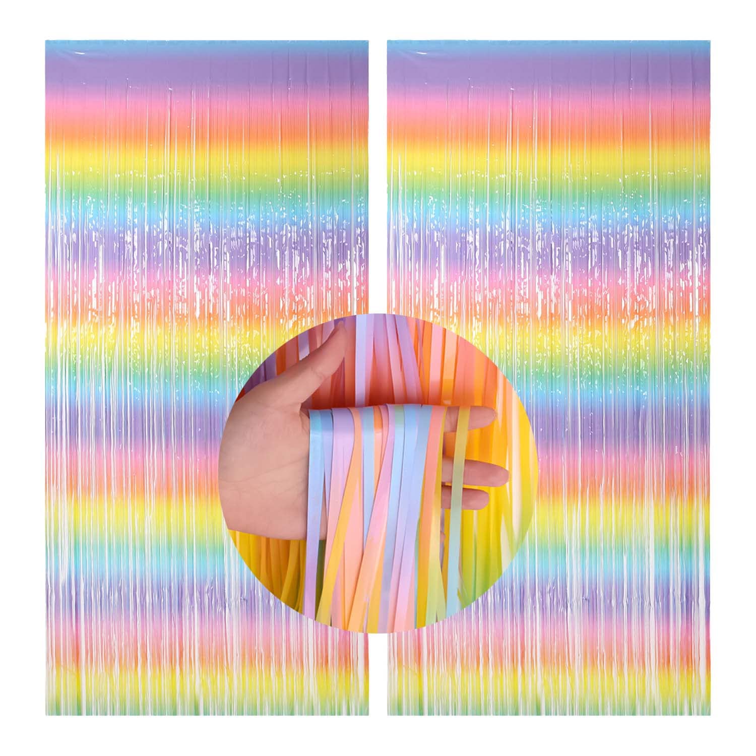Pastel Rainbow Metallic Foil Tinsel Curtain(1m x 2m),2 Pack Glitter Foil Fringe Curtain for Backdrop Decorations