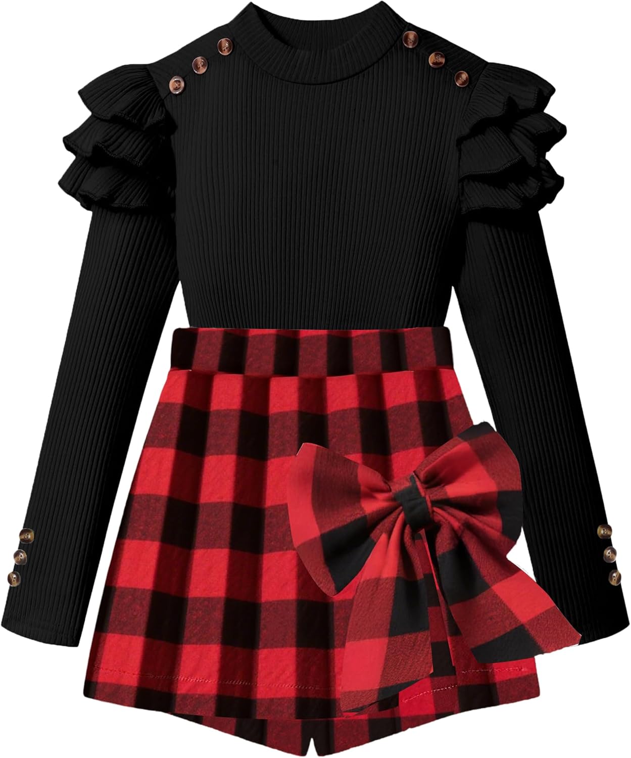 Girls Clothes Ruffle Long Sleeve shirt Top and Bowtie Plaid Skort Set 2PCS Girls Fall Outfits 6-16 Years