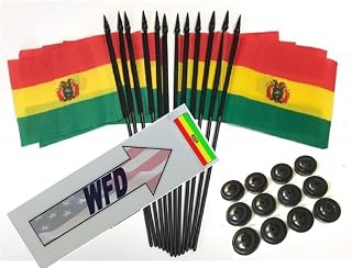 Pack of 12 4"x6" Bolivia Polyester Miniature Desk & Little Table Flags, 1 Dozen 4"x 6" Bolivian Small Mini Hand Waving Stick Flags with 12 Flag Bases (Flags with Stands)