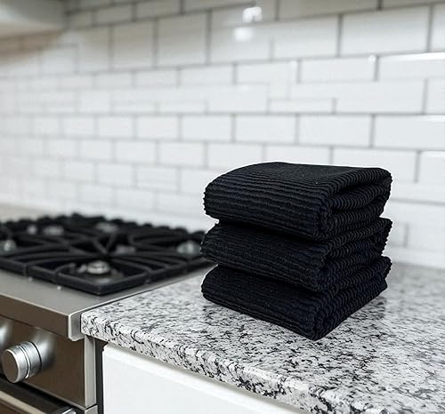 Miniatura 2 de Serafina Home Toallas de cocina negras de gran tamaño de color sólido 100% algodón paño de limpieza suave secado absorbente acanalado Terry Loop,