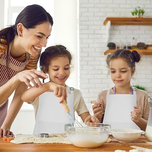 Miniatura 7 de Paquete de 5 delantales ajustables para niños con 2 bolsillos, delantales de pintura para cocinar, hornear, pintar, hacer manualidades (blanco)