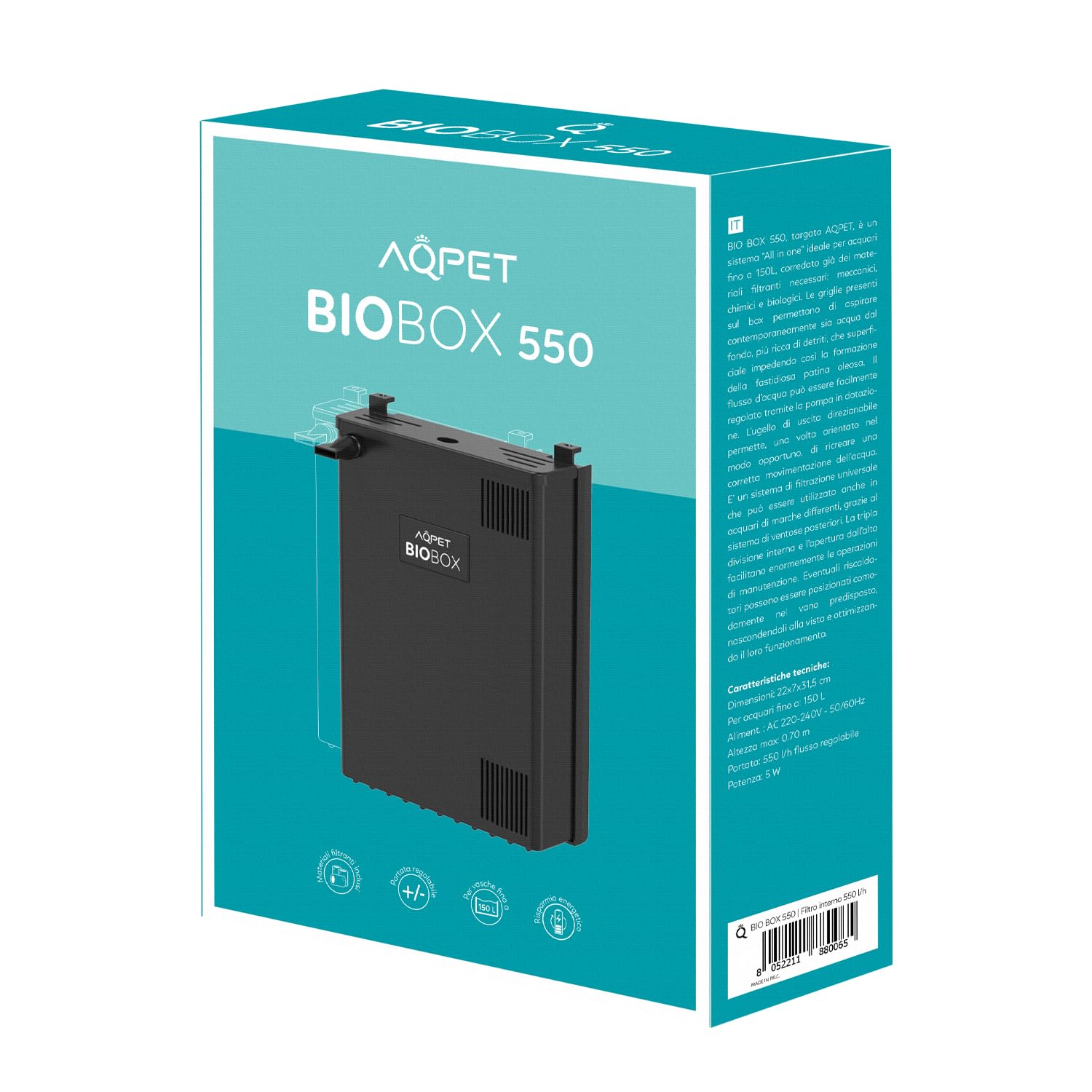 AQPET Filtro Interno Universale per Acquari, Completo di Materiali Filtranti e Pompa da 550 lt/h, Adatto per Acquari Fino a 150 Litri