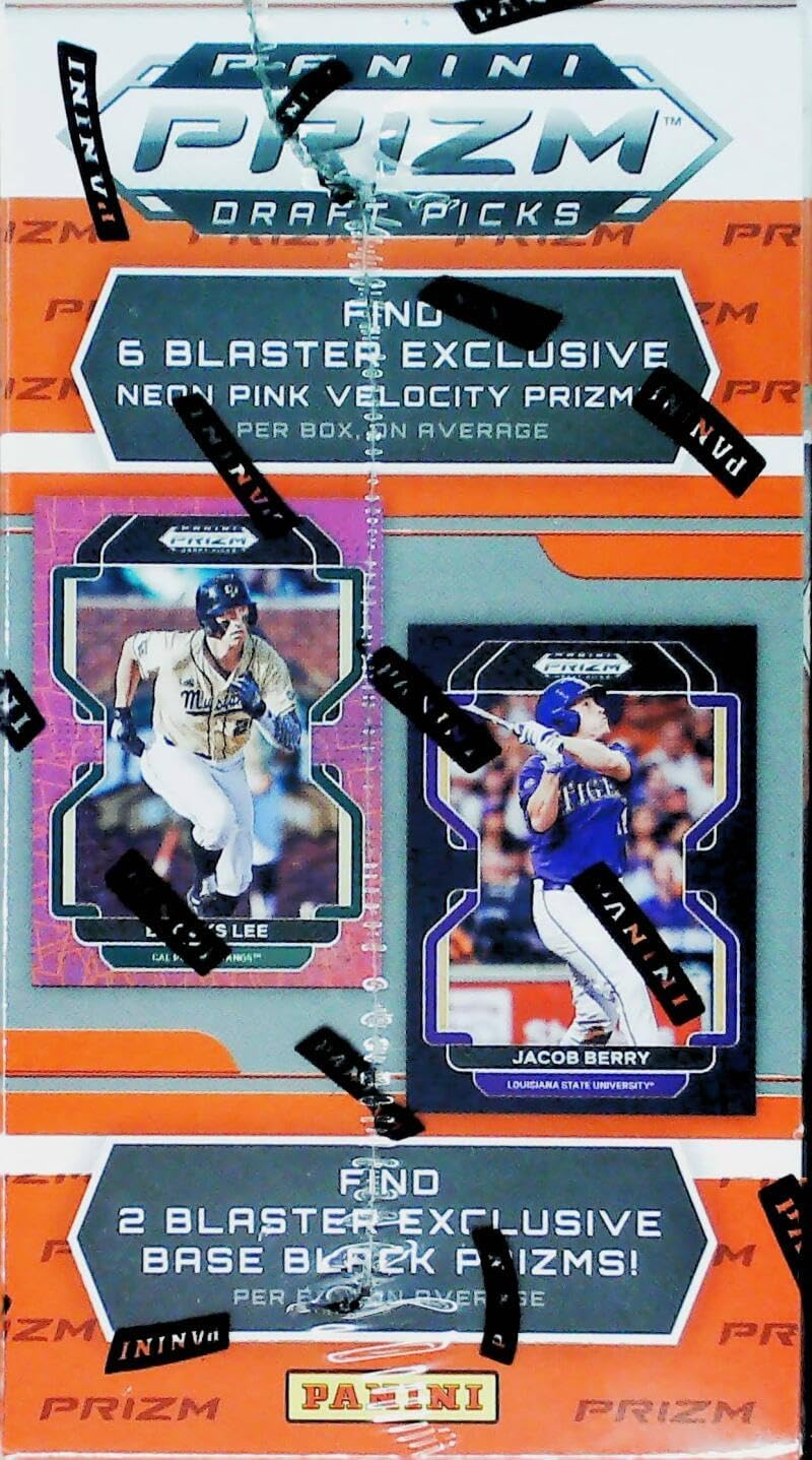 2022 Panini Prizm Draft Baseball Factory Sealed Blaster Box. 1 Autograph Per Box on average. 6 Packs of 5 Cards. Find 6 Blaster Exclusive Neon Pink Velocity and 2 Black Prizm Parallels.