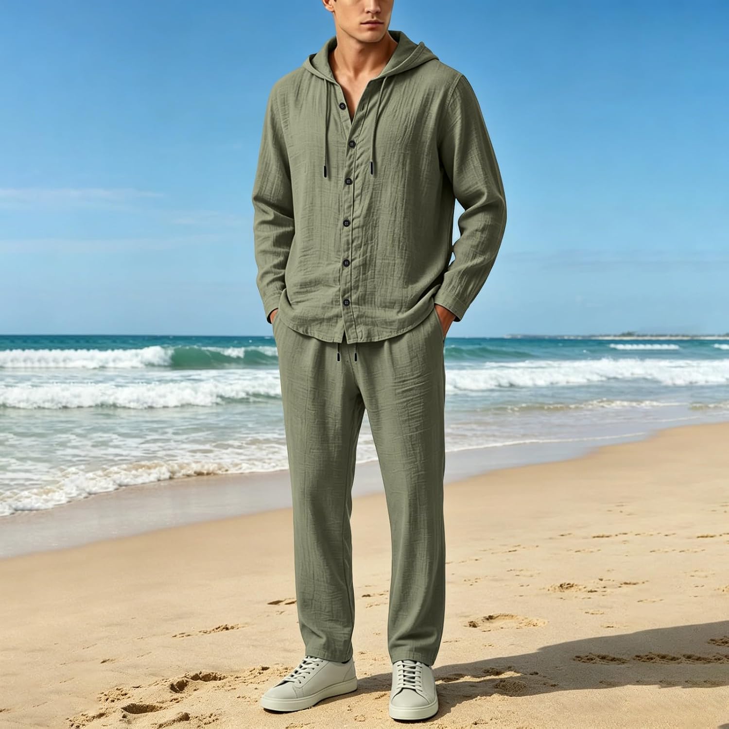 Comfort Sweatsuits for Men Hooded Button Shirt Straight Leg Pants Outfits