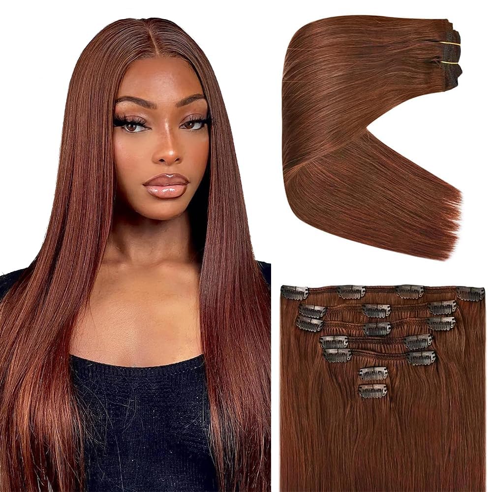 Photo 1 of #33 Auburn Brown Clip in Hair Extensions Human Hair, Copper Red Straight Remy Hair Extensions Clip ins for Women, 20 Inch 120g 7Pcs,Reddish Brown Human Hair Extension