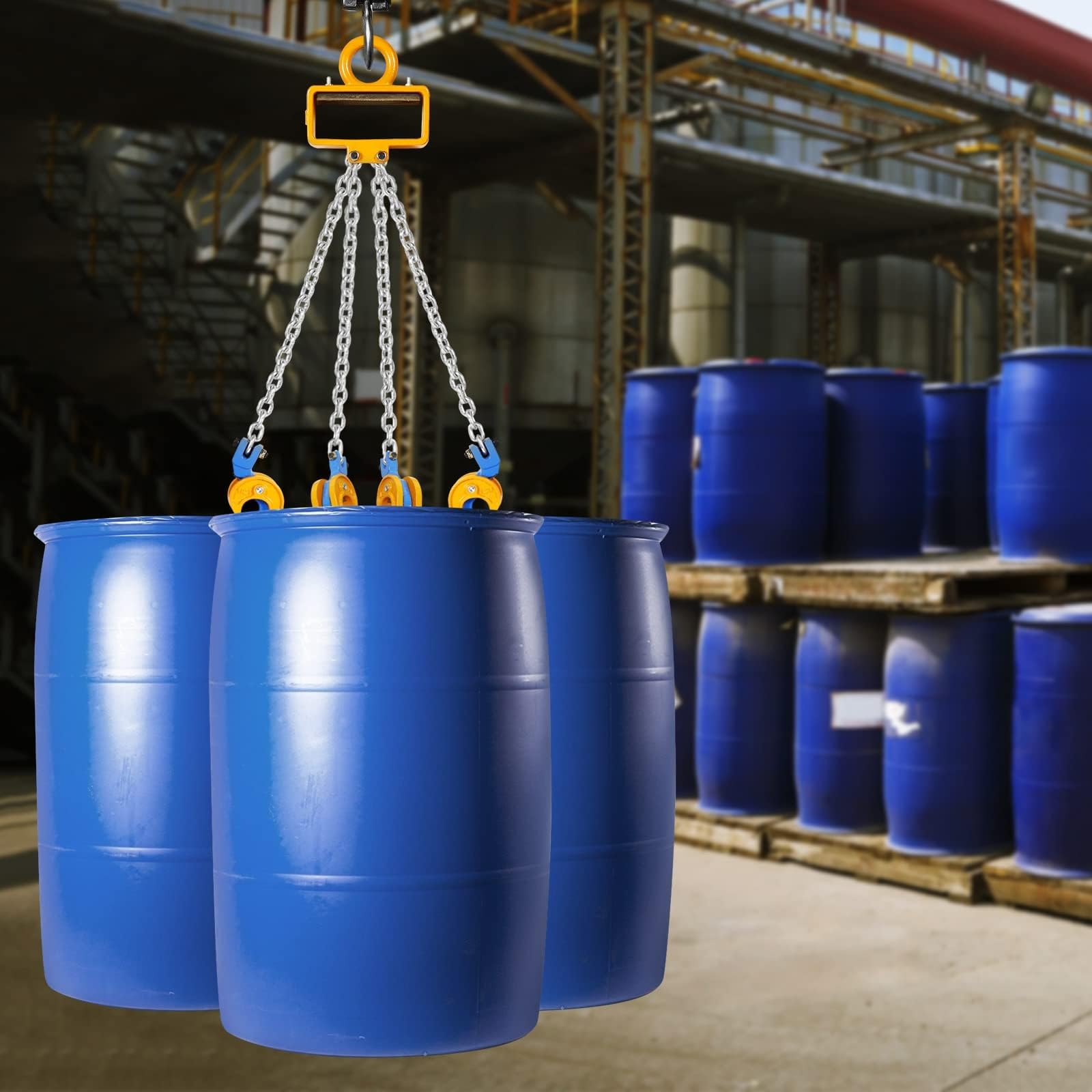 Catena di sollevamento per tamburi pesanti con ganci autobloccanti per fusti in plastica e acciaio, attrezzatura verticale compatibile con gru e carrelli elevatori